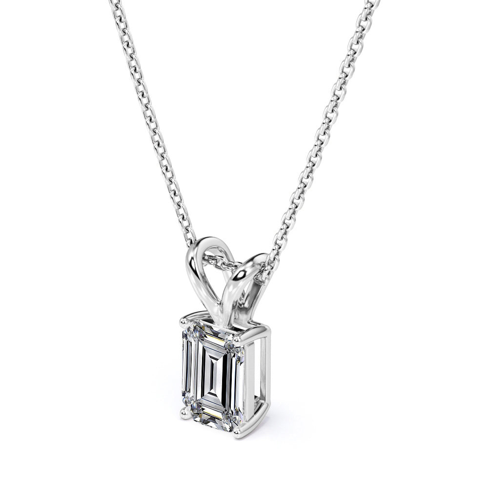 2 Carat Emerald Cut Cubic Zirconia Solitaire Pendant Necklace in 18K White Gold over Brass