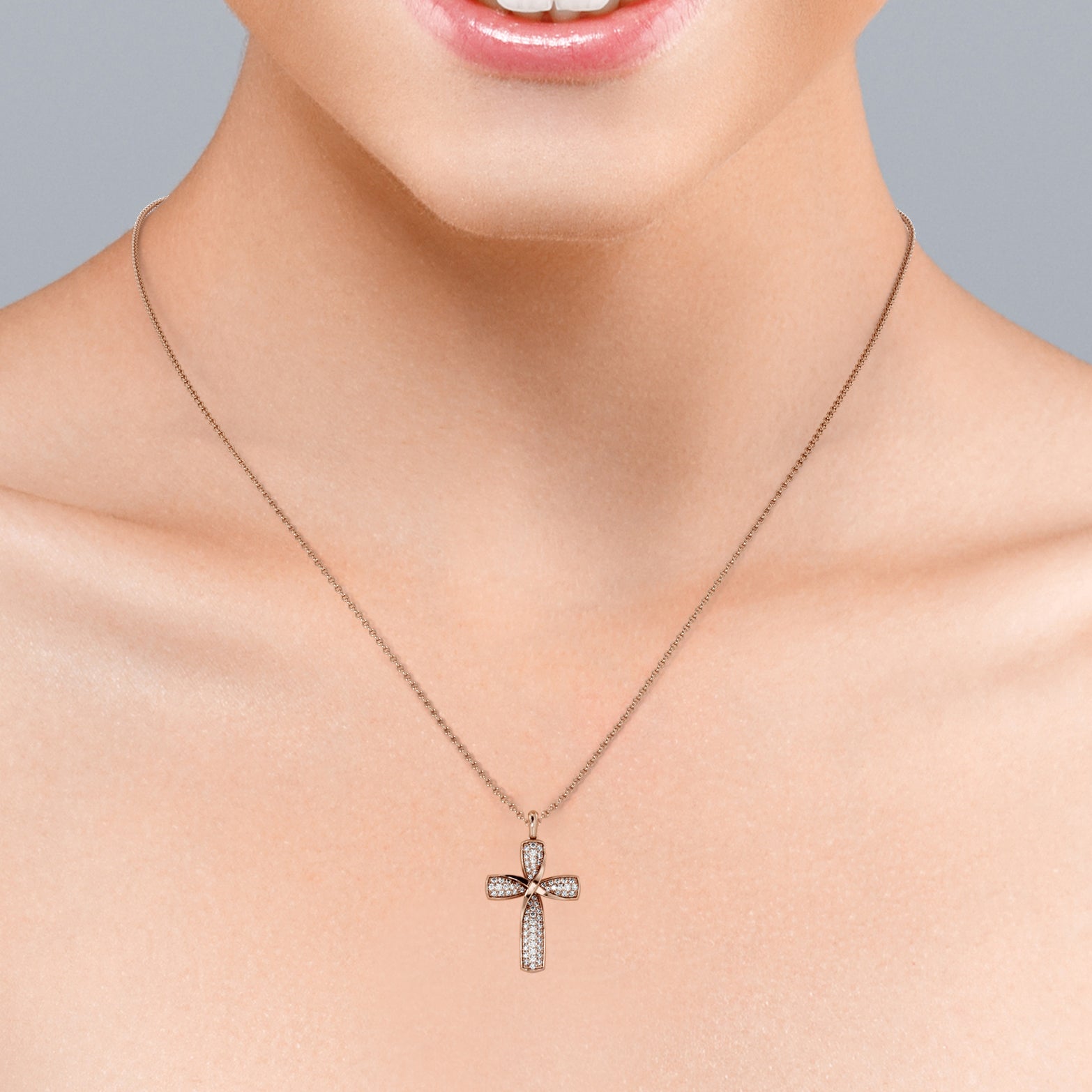 Micro-Pave 0.2 TCW Round Shaped Moissanite Twisted Crucifix Pendant Necklace in 18K White Gold Plating over Silver