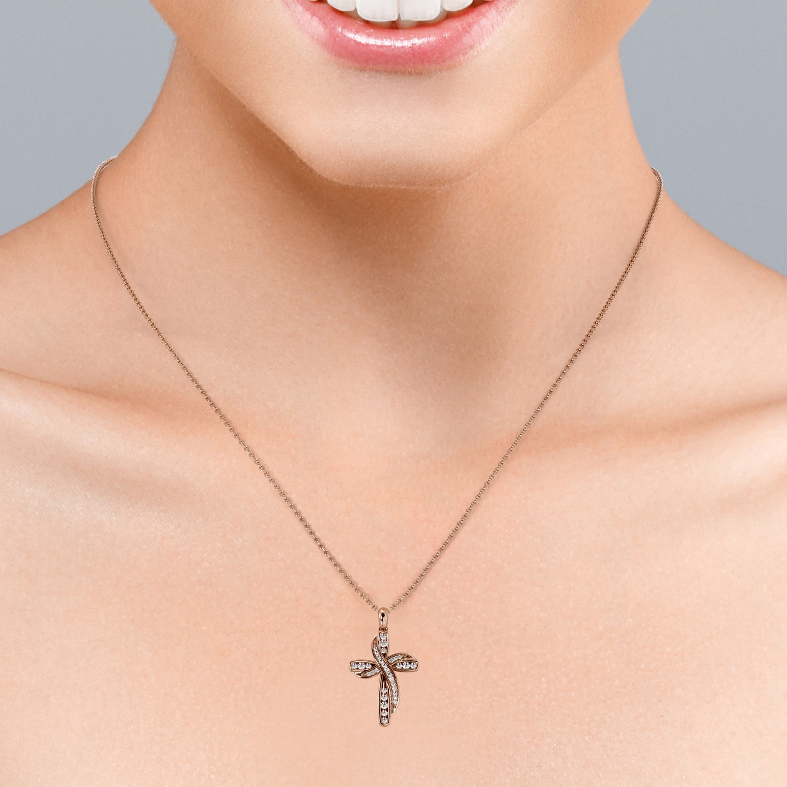 2-Layered 0.2 TCW Round Cut Moissanite Pave-Channel Cross Pendant Necklace in 18K White Gold Plating over Silver