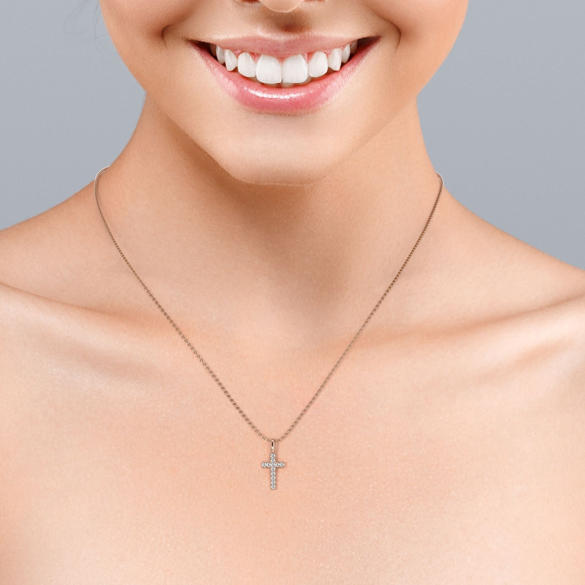 Minimalist 0.15 TCW Round Shaped Moissanite Crucifix Pendant Necklace with Pave Accents in 18K White Gold Plating over Silver