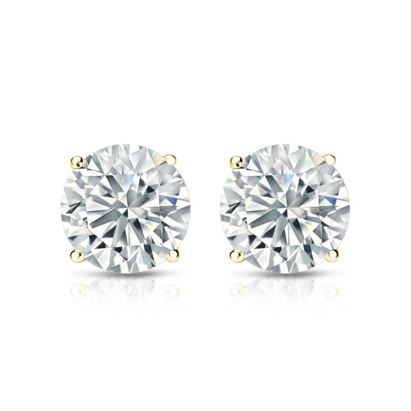 2 Carat Round Shaped Moissanite Solitaire Stud Earrings - 4 Prong - In 18K Yellow Gold Plating Over Silver