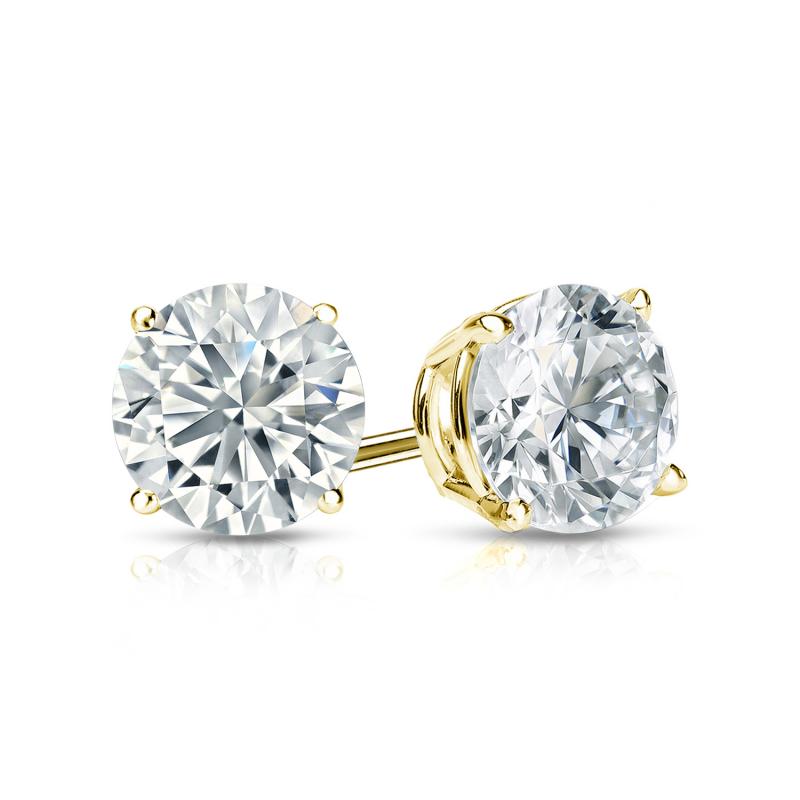 2 Carat Round Shaped Moissanite Solitaire Stud Earrings - 4 Prong - In 18K Yellow Gold Plating Over Silver