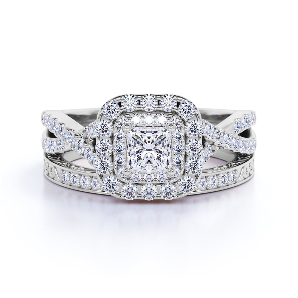 Square Diamond 0.5 carat - Double Halo - Twisted Band - Vintage Inspired - Pave - Wedding Ring Set in 10K White Gold