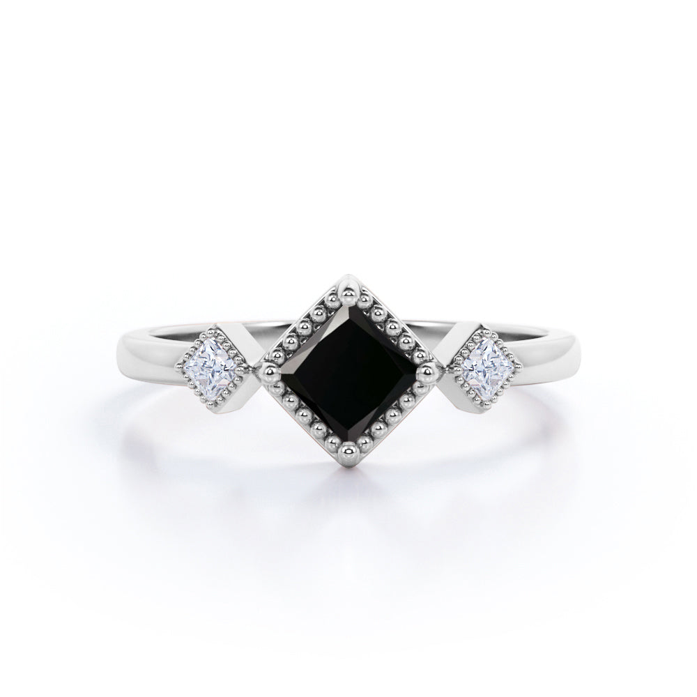 1 carat princess cut Black Diamond three stone pave engagement ring in white gold