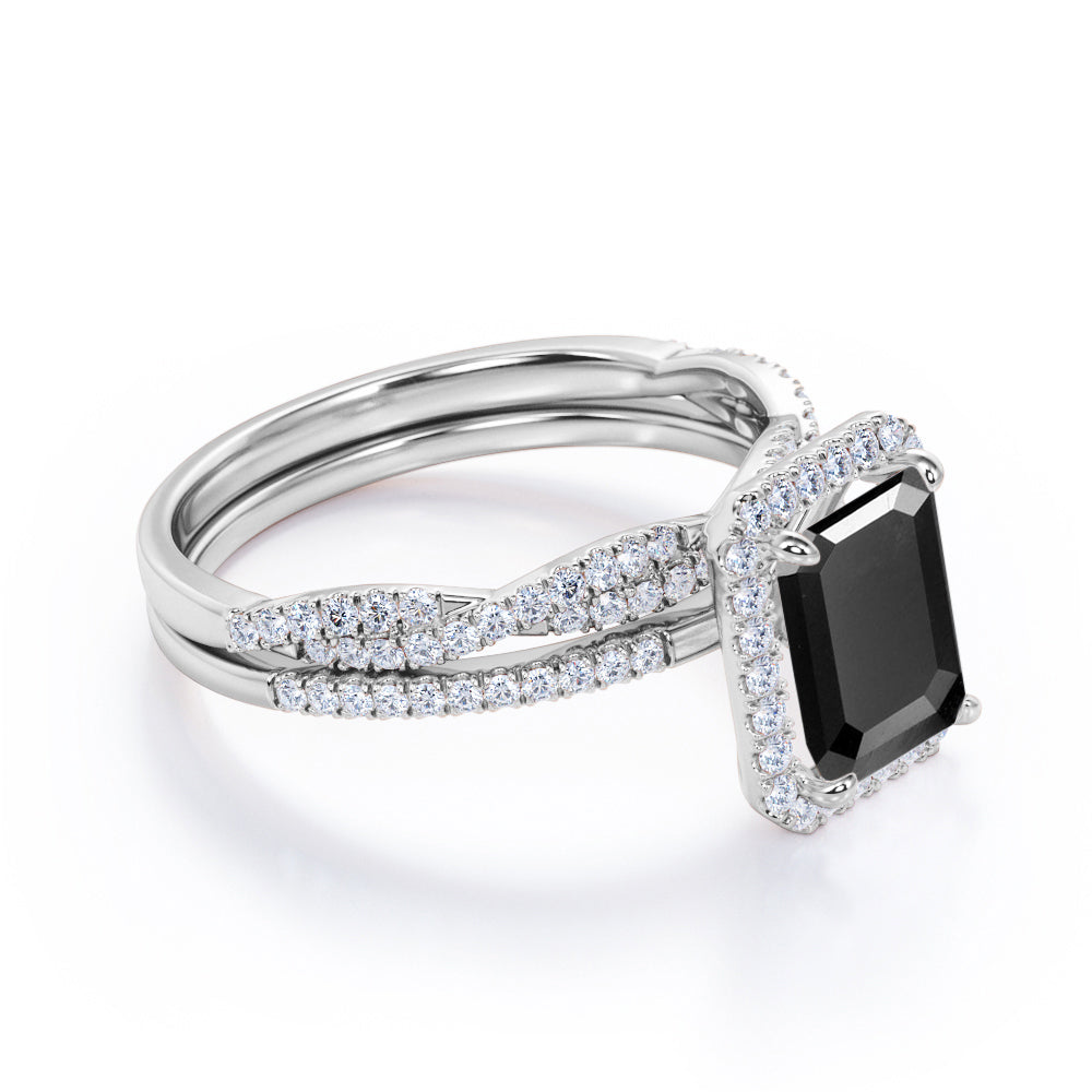 1.50 carat emerald cut Black Diamond halo wedding ring set in white gold