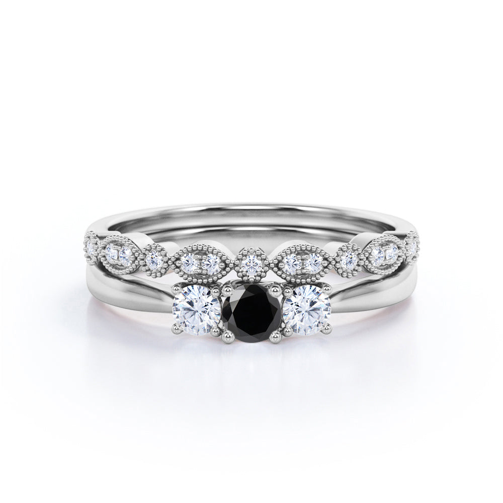 1.30 Carat Round Cut Lab Grown Black Diamond Trilogy Wedding Ring Set In White Gold