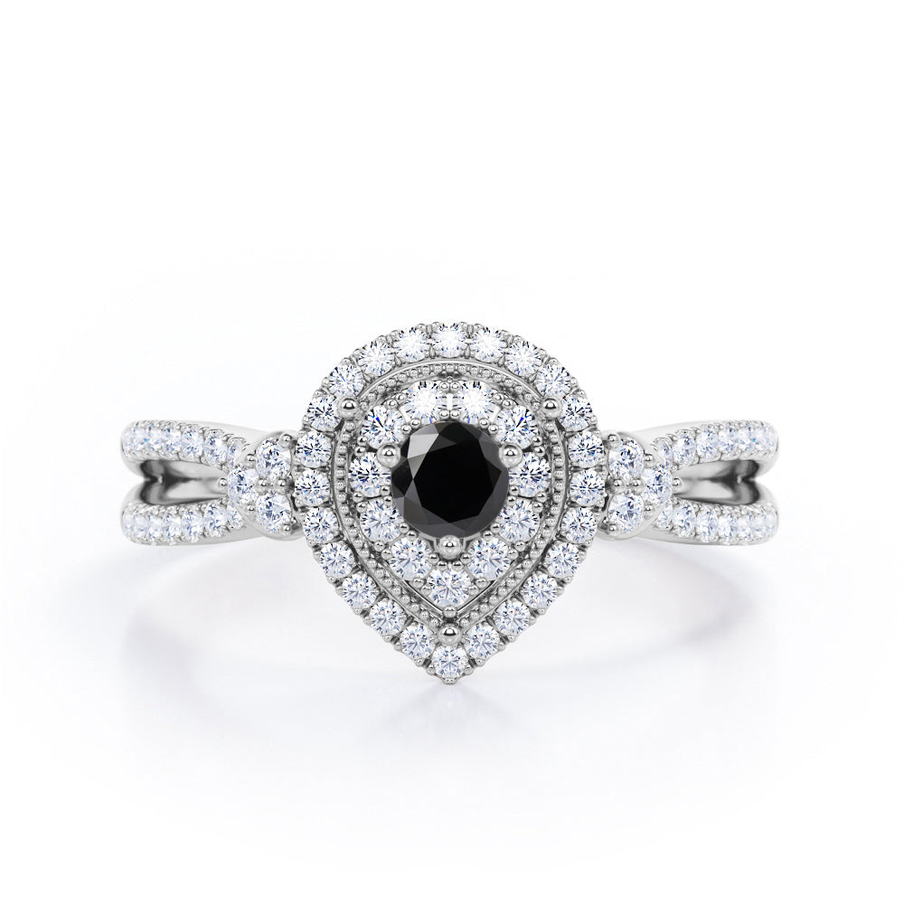 Pear-Shaped Double Halo - 1.7 Carat Round Cut Black Diamond - Pave Split Shank Engagement Ring in White Gold