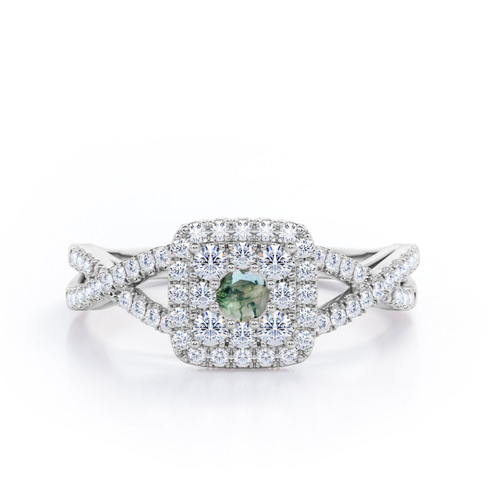 Pave Crossover - 1.25 Carat Round Cut Green Moss Agate and diamond - Flush Cluster Halo Engagement Ring in Rose Gold