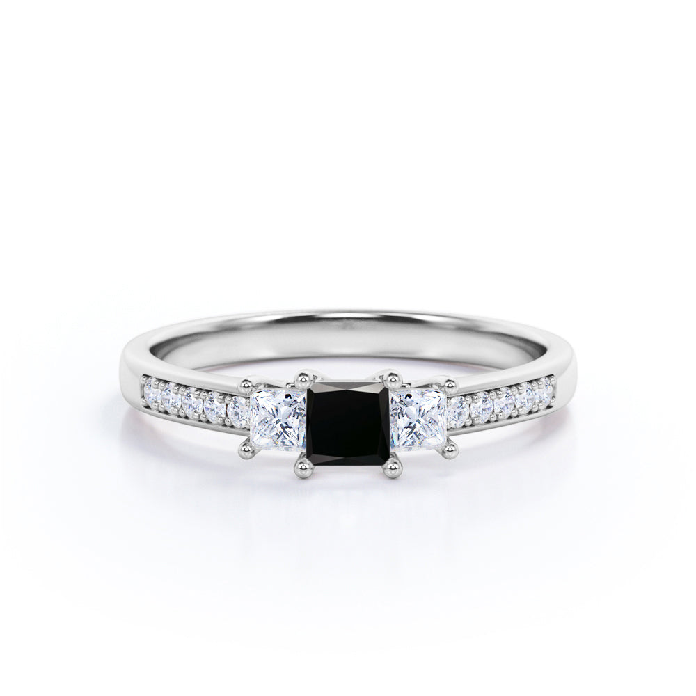 1.25 Carat Princess Cut Lab Grown Black Diamond Three Stone Trilogy Engagement Ring In White Gold