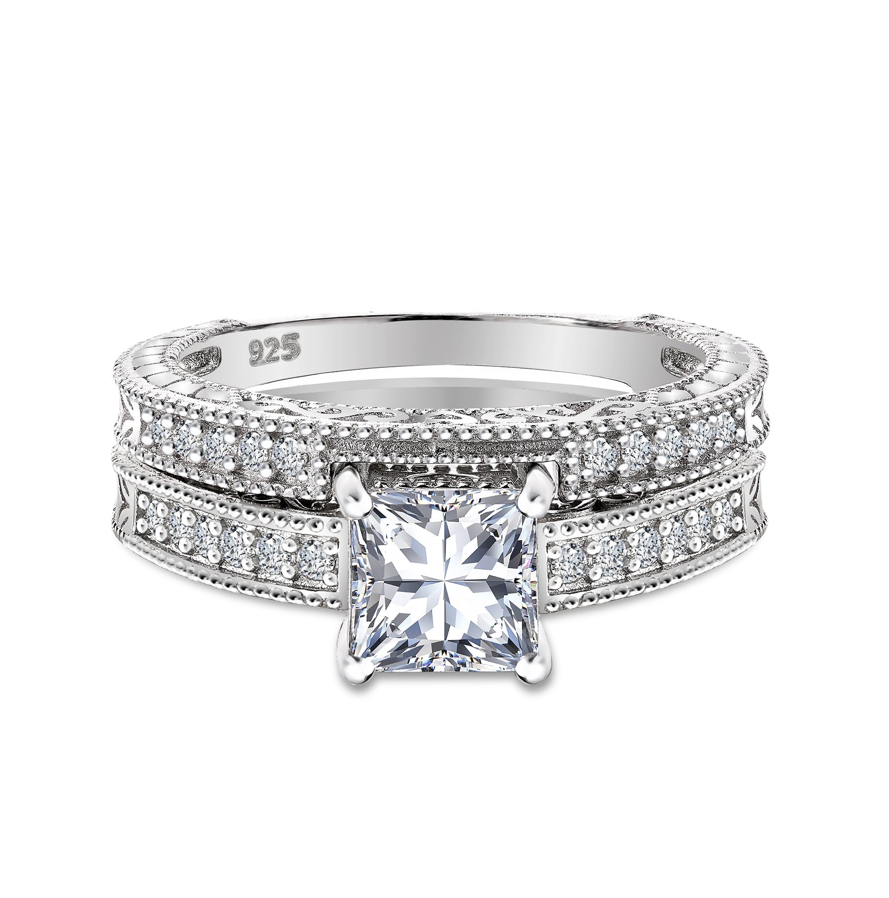 1.75 Carat Princess Cut 4-Prong Pave Milgrain Border Edwardian Bridal Set in 18K White Gold Plating over Silver