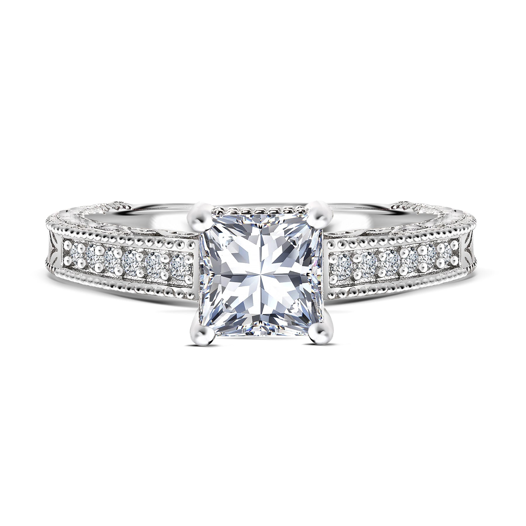 1.5 Carat Princess Cut - Milgrain Border - Victorian Pave Engagement Ring - 18K White Gold Plating over Silver