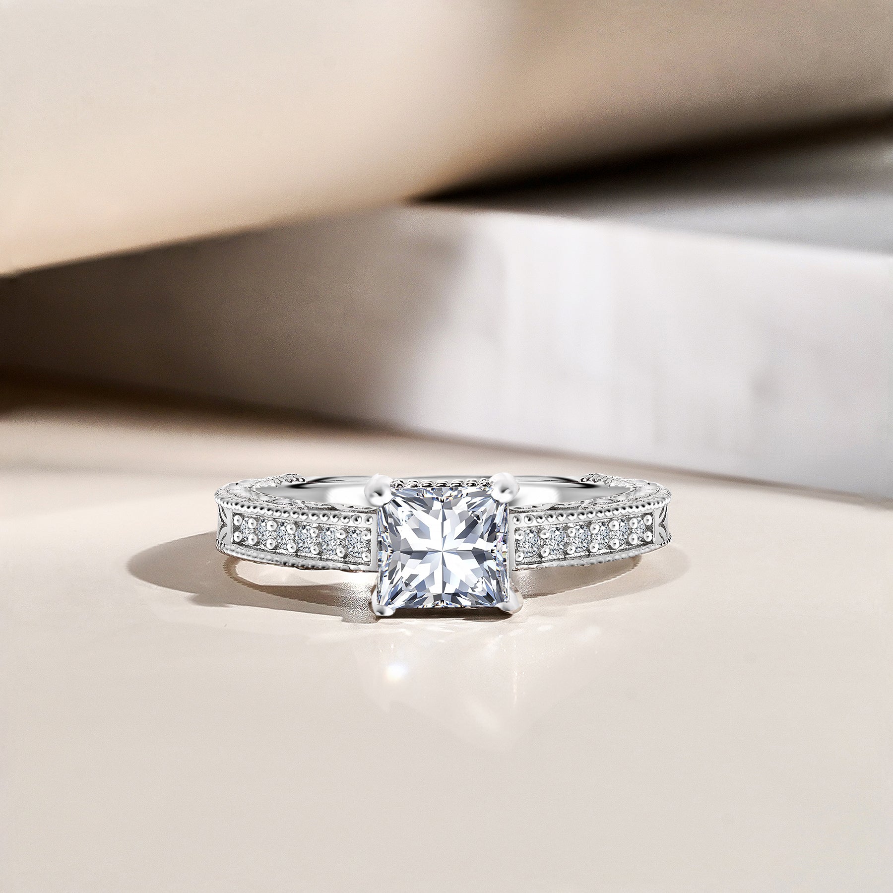 1.5 Carat Princess Cut - Milgrain Border - Victorian Pave Engagement Ring - 18K White Gold Plating over Silver