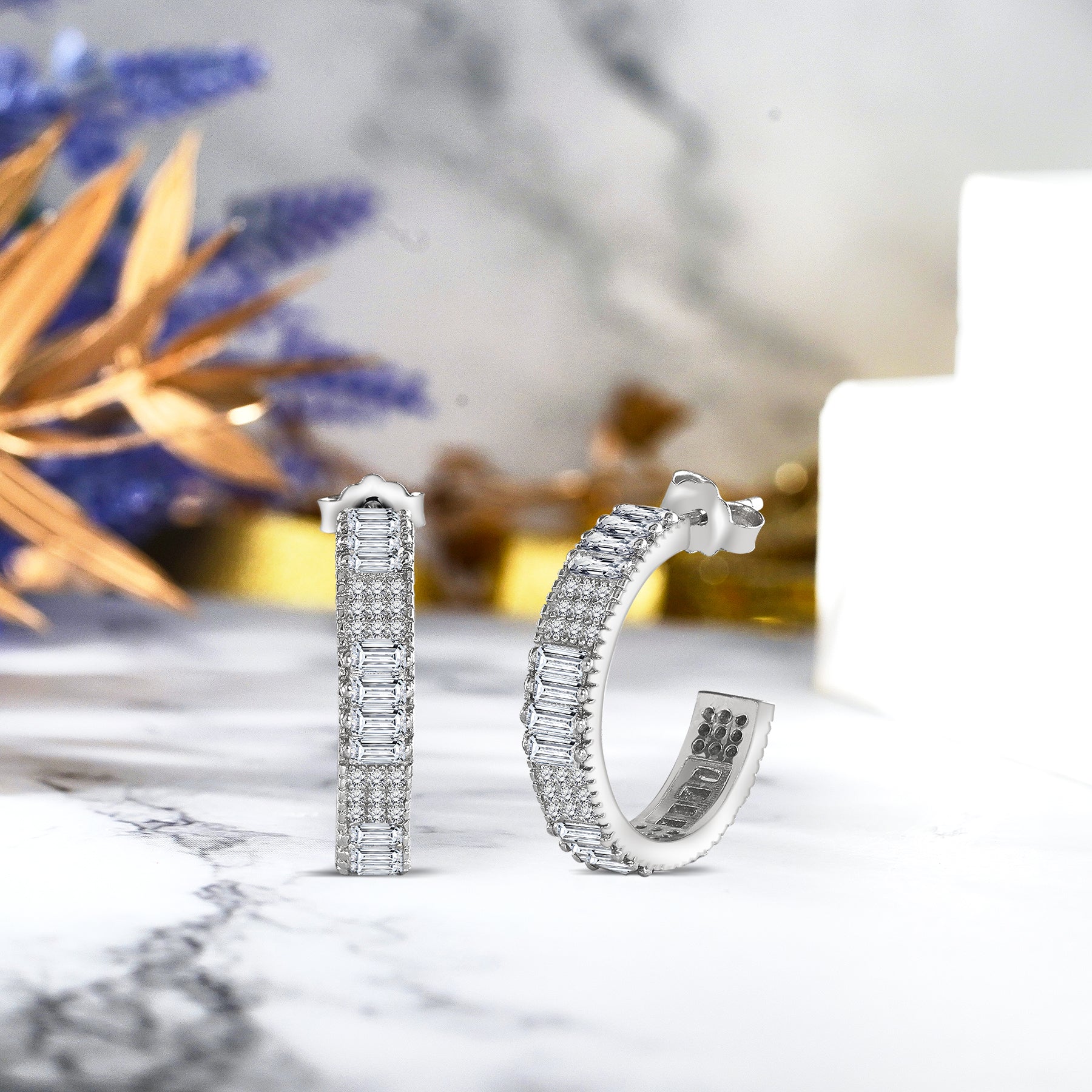 Unique 7.25 Carat Baguette and Round Cut Open Hoop Earrings in 18K White Gold over Silver, Female