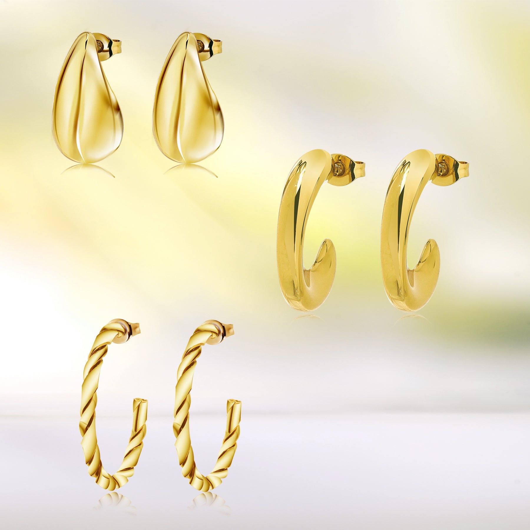 3 Pairs Multipack Everyday Women Earrings Gift Set in Yellow Gold Plating, Thick Open, Lightweight, Hoop Hypoallergenic Twisted Earrings for Women