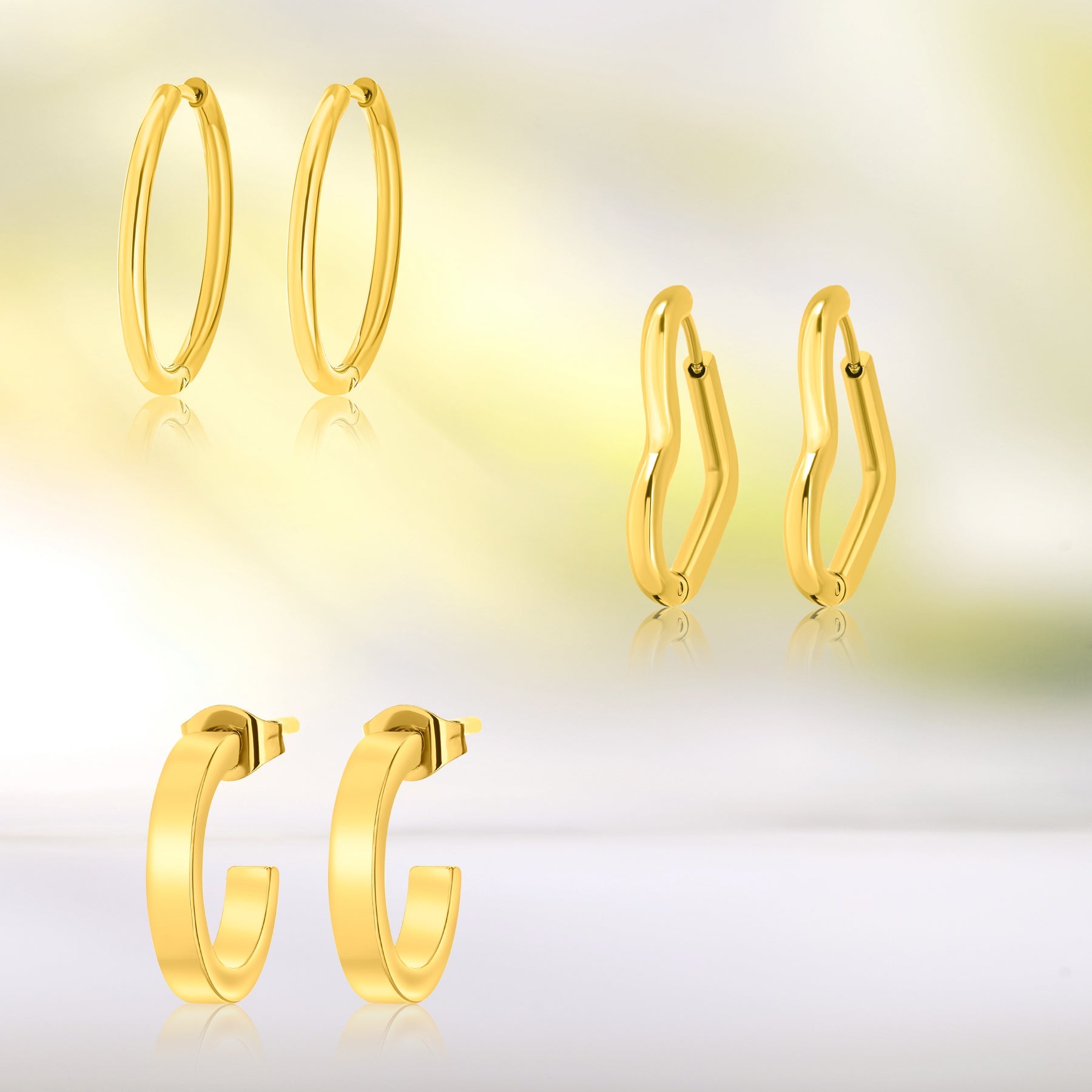 3 Pairs Trendy Small Earrings in Yellow Gold Plated - Multipack Lightweight Jewelry - Gift for Women