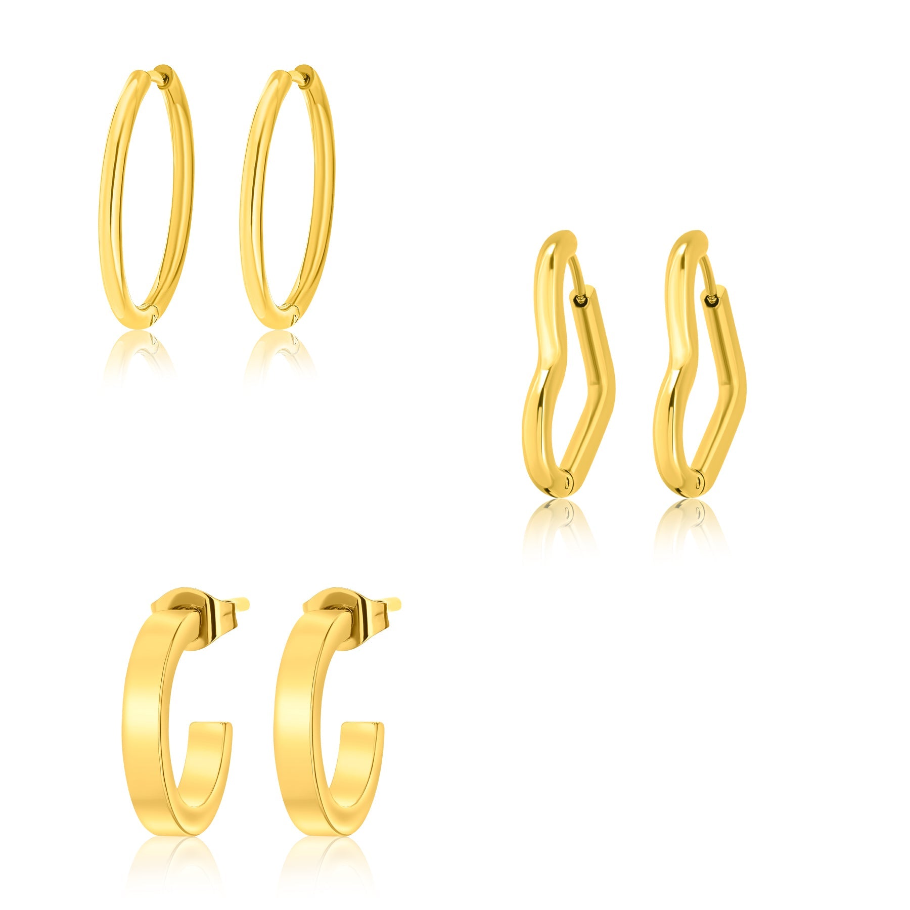 3 Pairs Trendy Small Earrings in Yellow Gold Plated - Multipack Lightweight Jewelry - Gift for Women