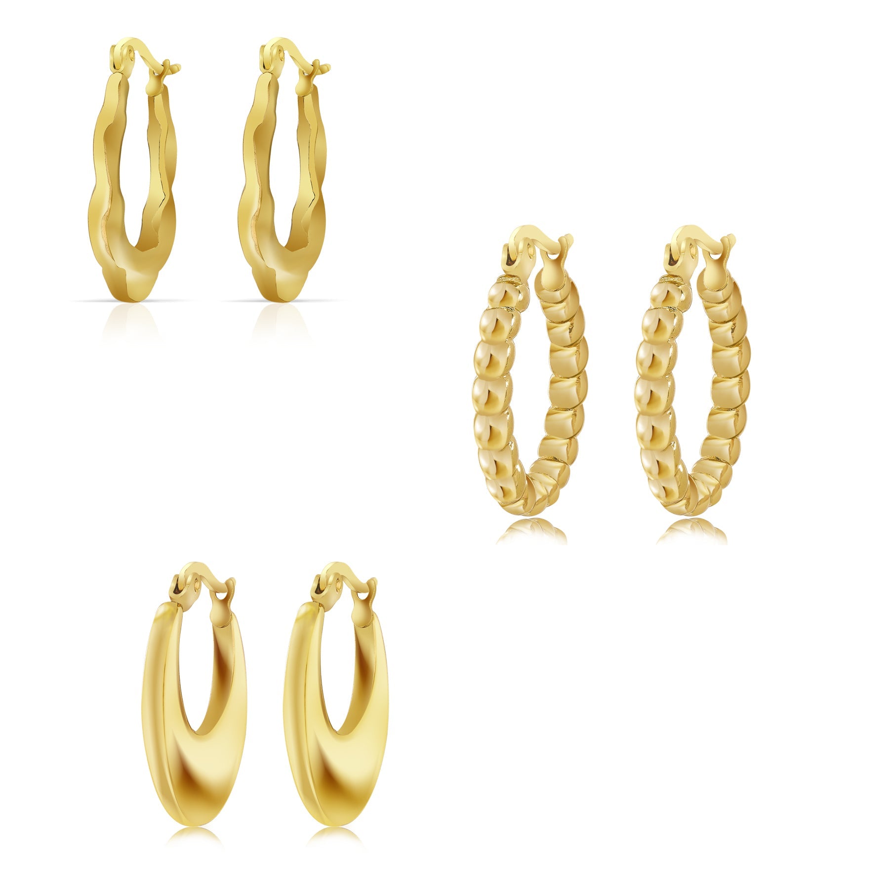 3 Pairs Multipack Everyday Women Earrings Gift Set in Yellow Gold Plating, Thick Open, Lightweight, Hoop Hypoallergenic Twisted Earrings for Women