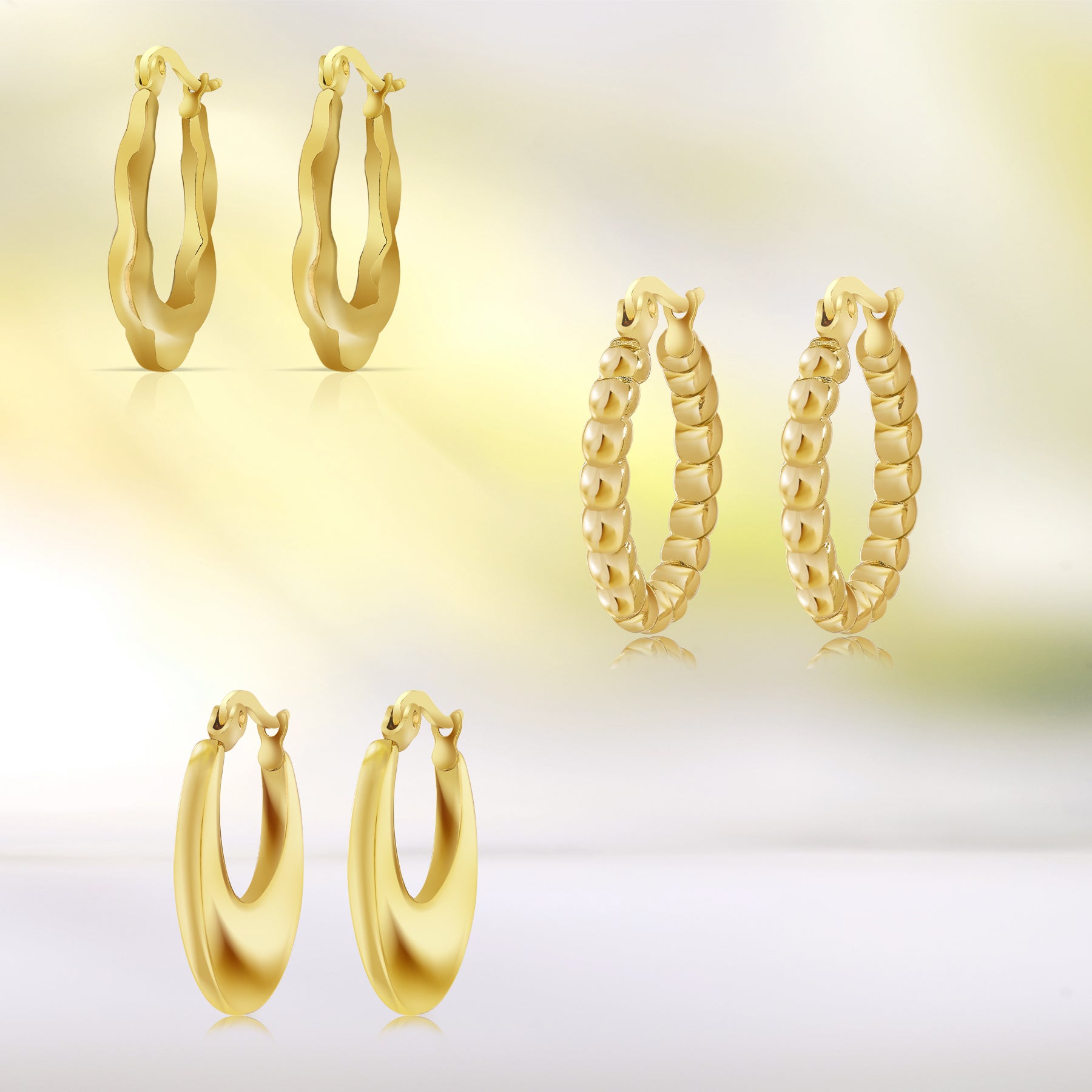 3 Pairs Multipack Everyday Women Earrings Gift Set in Yellow Gold Plating, Thick Open, Lightweight, Hoop Hypoallergenic Twisted Earrings for Women