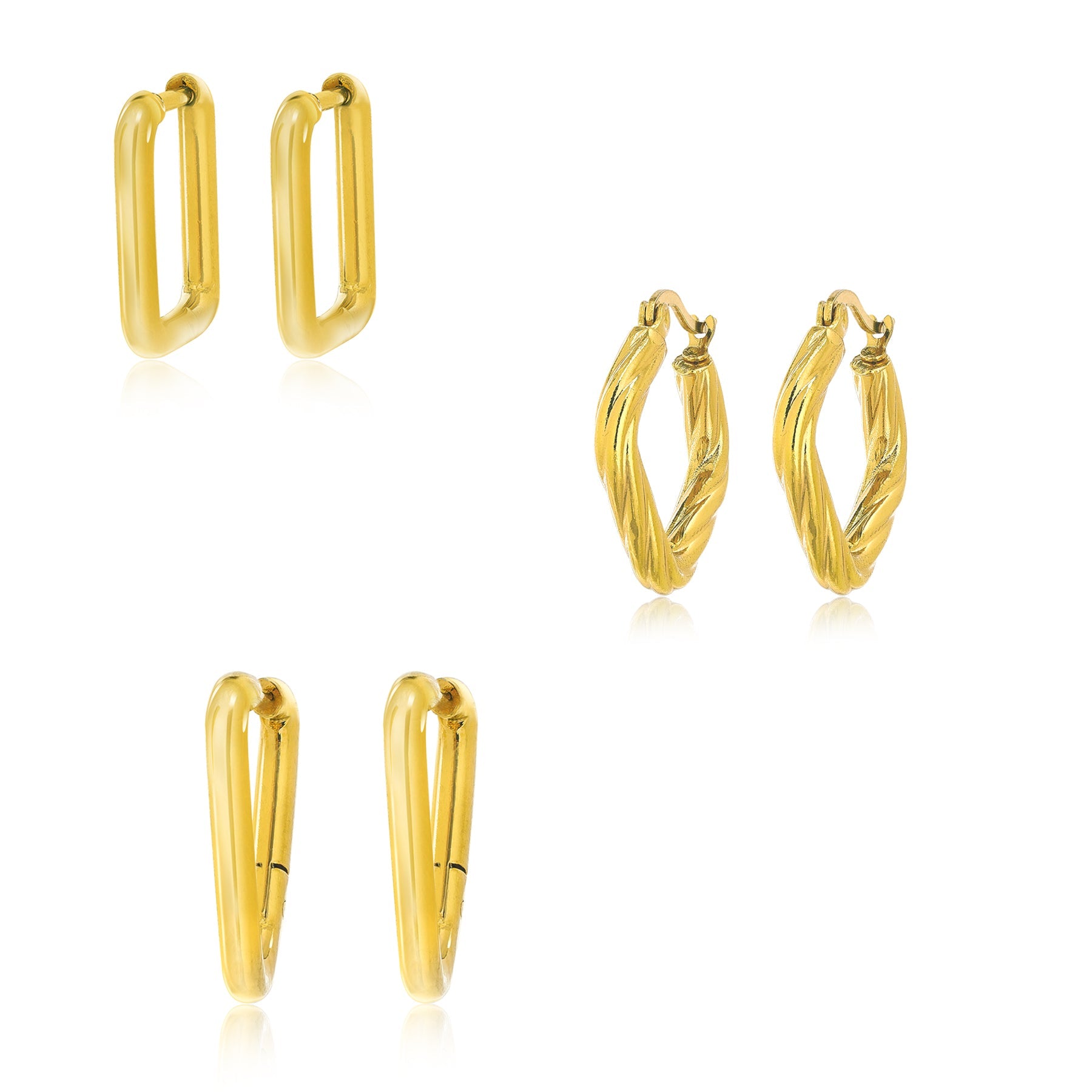 3 Pairs MultiPack Fashion Earrings Set in Yellow Gold Plating, Chunky, Twisted, Hoop Earrings, Paperclip, Drop Earrings, Jewelry Gift for Women