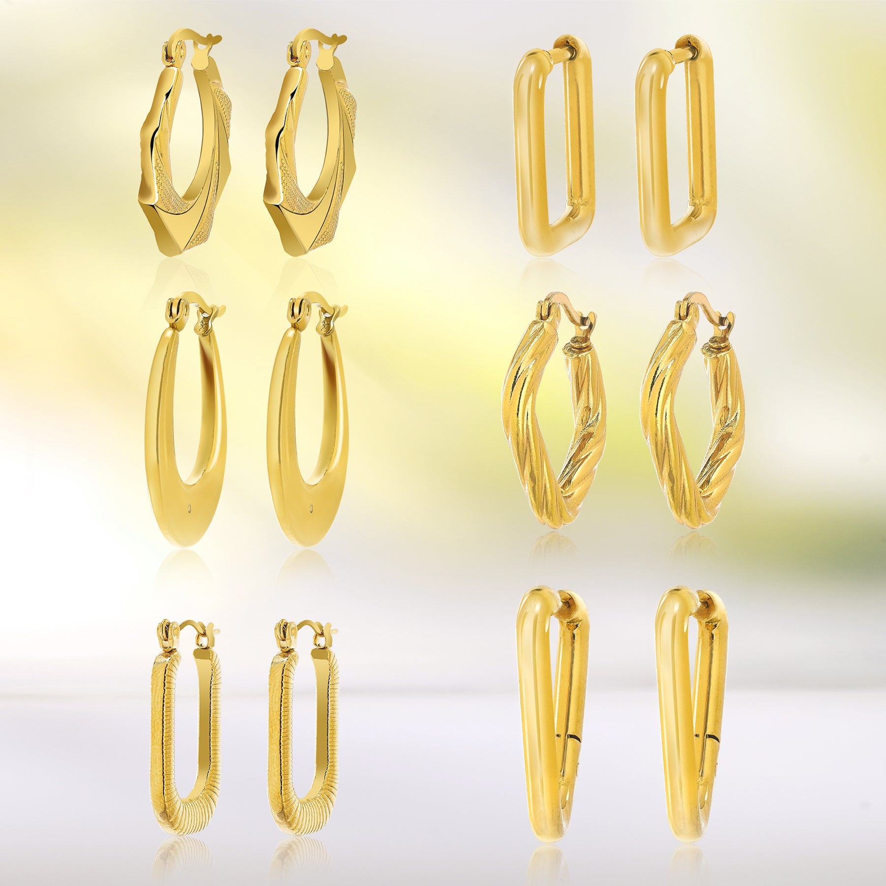 6 Pairs Geometric Shapes Latchback Earrings Set in Yellow Gold Plated - Multipack - Women's Fashion Earrings