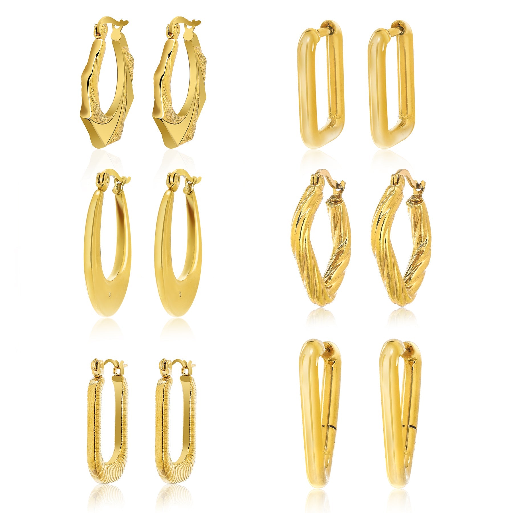 6 Pairs Geometric Shapes Latchback Earrings Set in Yellow Gold Plated - Multipack - Women's Fashion Earrings