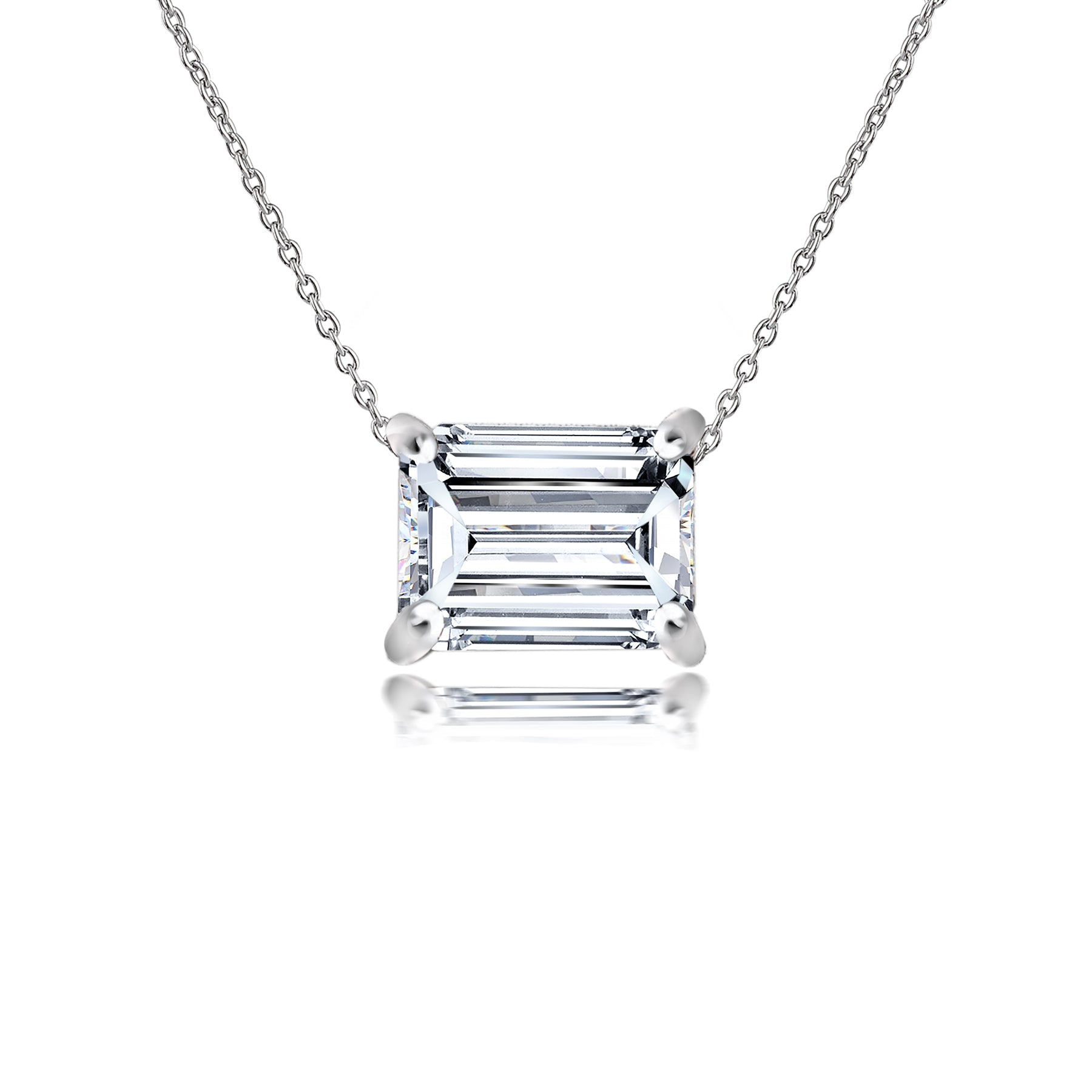 1 Carat East West Emerald Shaped Moissanite Pendant Necklace in 18K White Gold over Silver