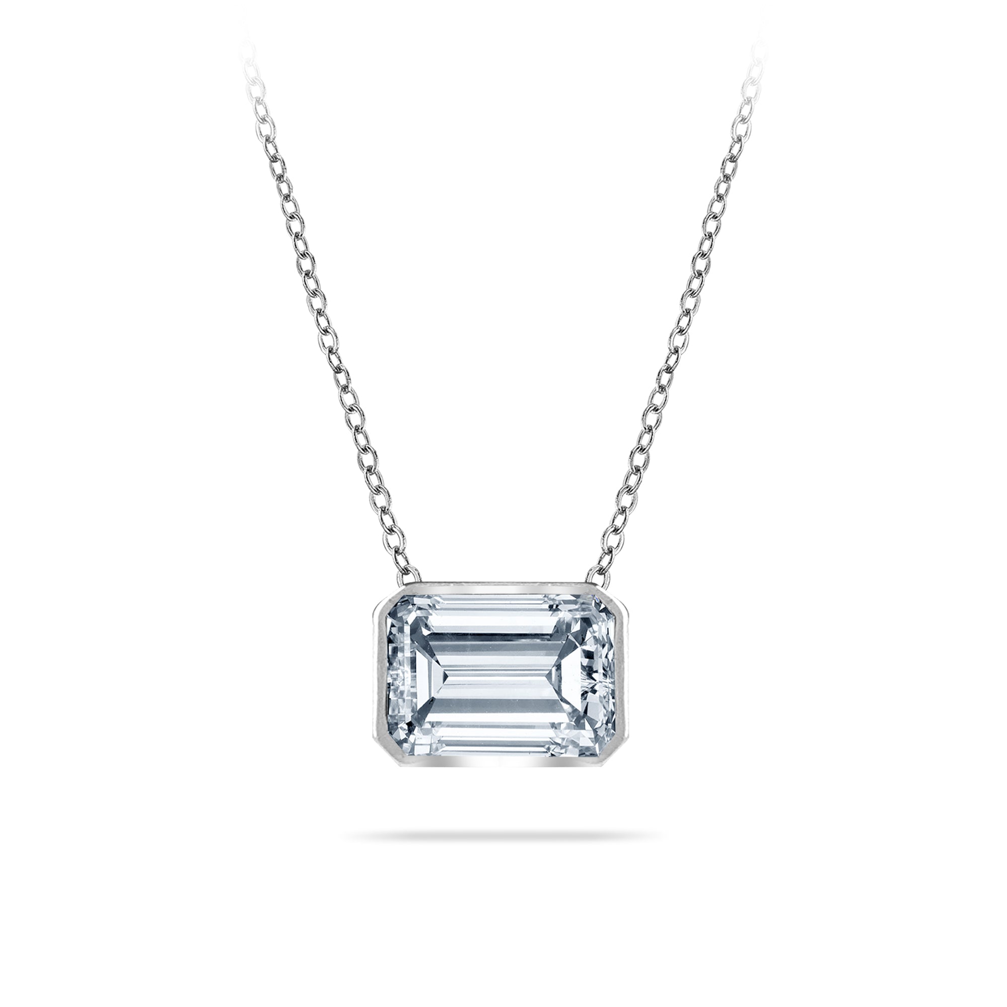 Unique 1 Carat Horizontal Emerald Shaped Moissanite Bezel Slider Pendant Necklace - East West - in 18K White Gold over Silver