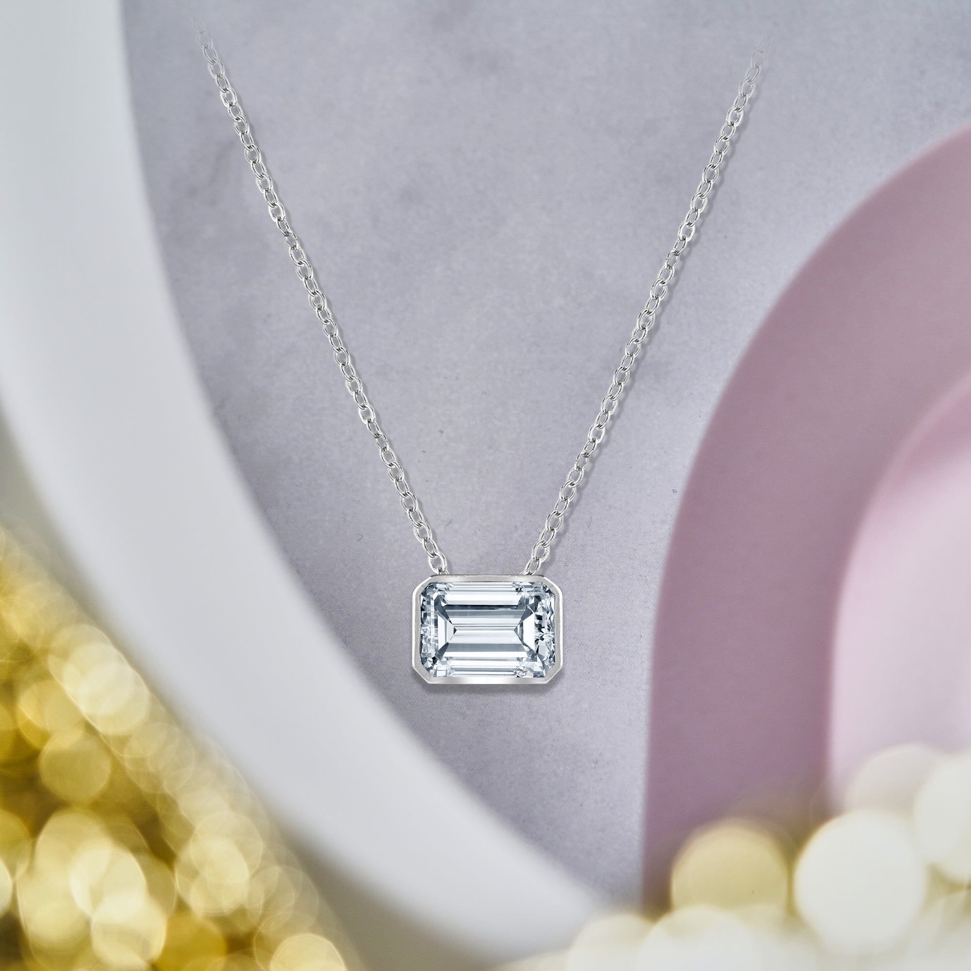 Unique 1 Carat Horizontal Emerald Shaped Moissanite Bezel Slider Pendant Necklace - East West - in 18K White Gold over Silver