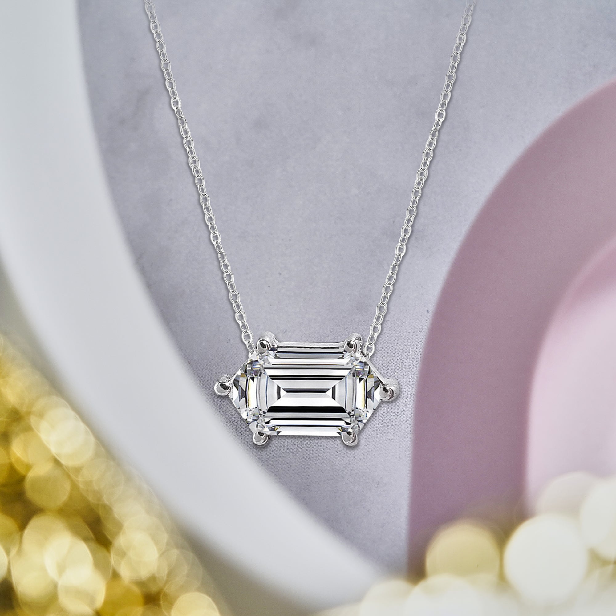 Modern 1 Carat East West Hexagon Cut Moissanite Slide Pendant Necklace in 18K White Gold over Silver