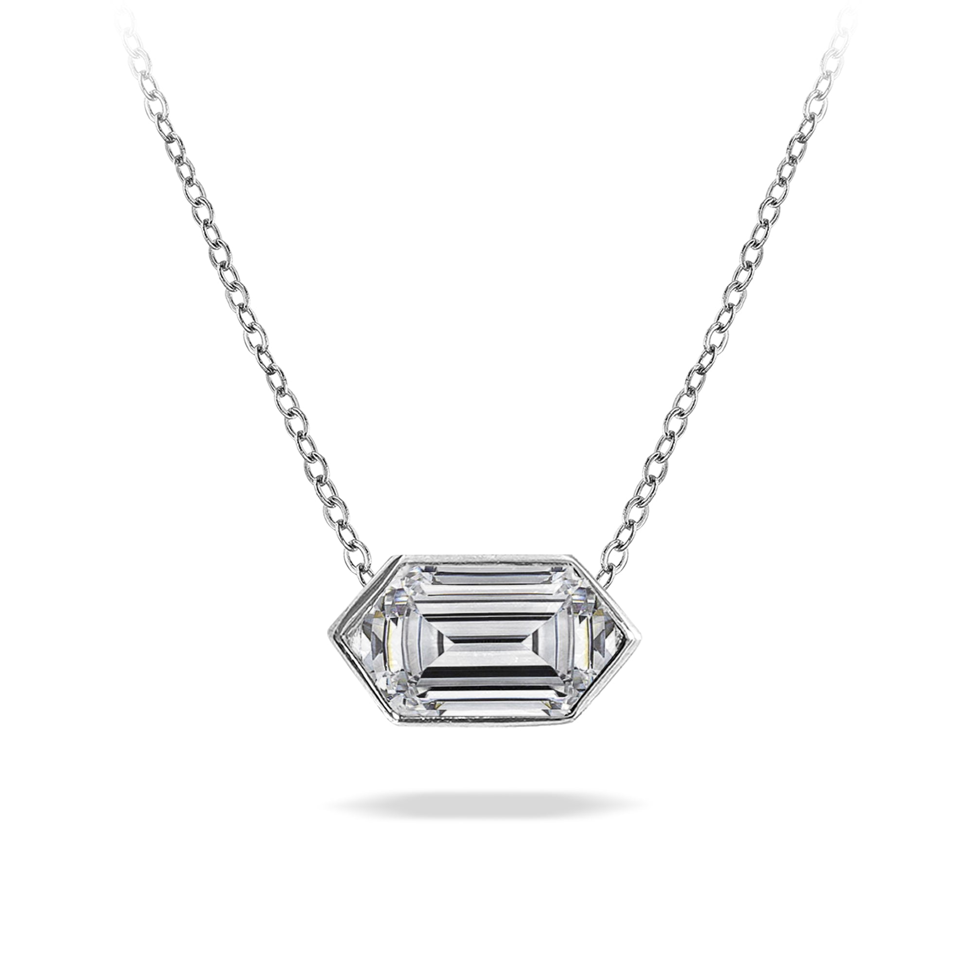 Marvelous 1 Carat Sideways Hexagon Cut Moissanite Bezel Slide Pendant Necklace in 18K White Gold over Silver