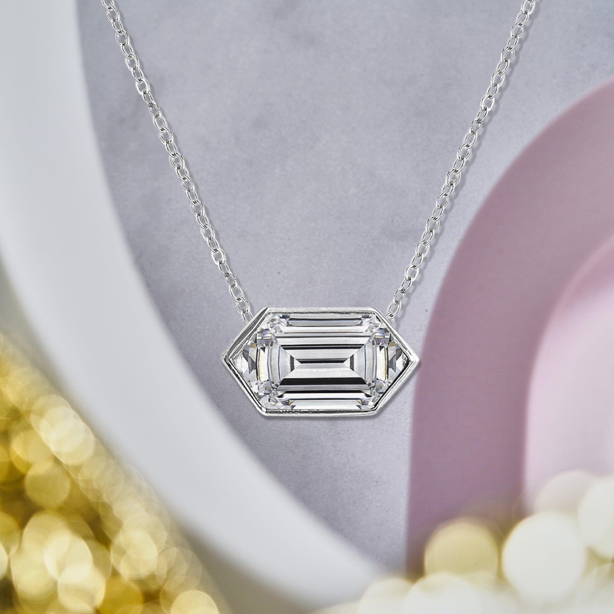 Marvelous 1 Carat Sideways Hexagon Cut Moissanite Bezel Slide Pendant Necklace in 18K White Gold over Silver