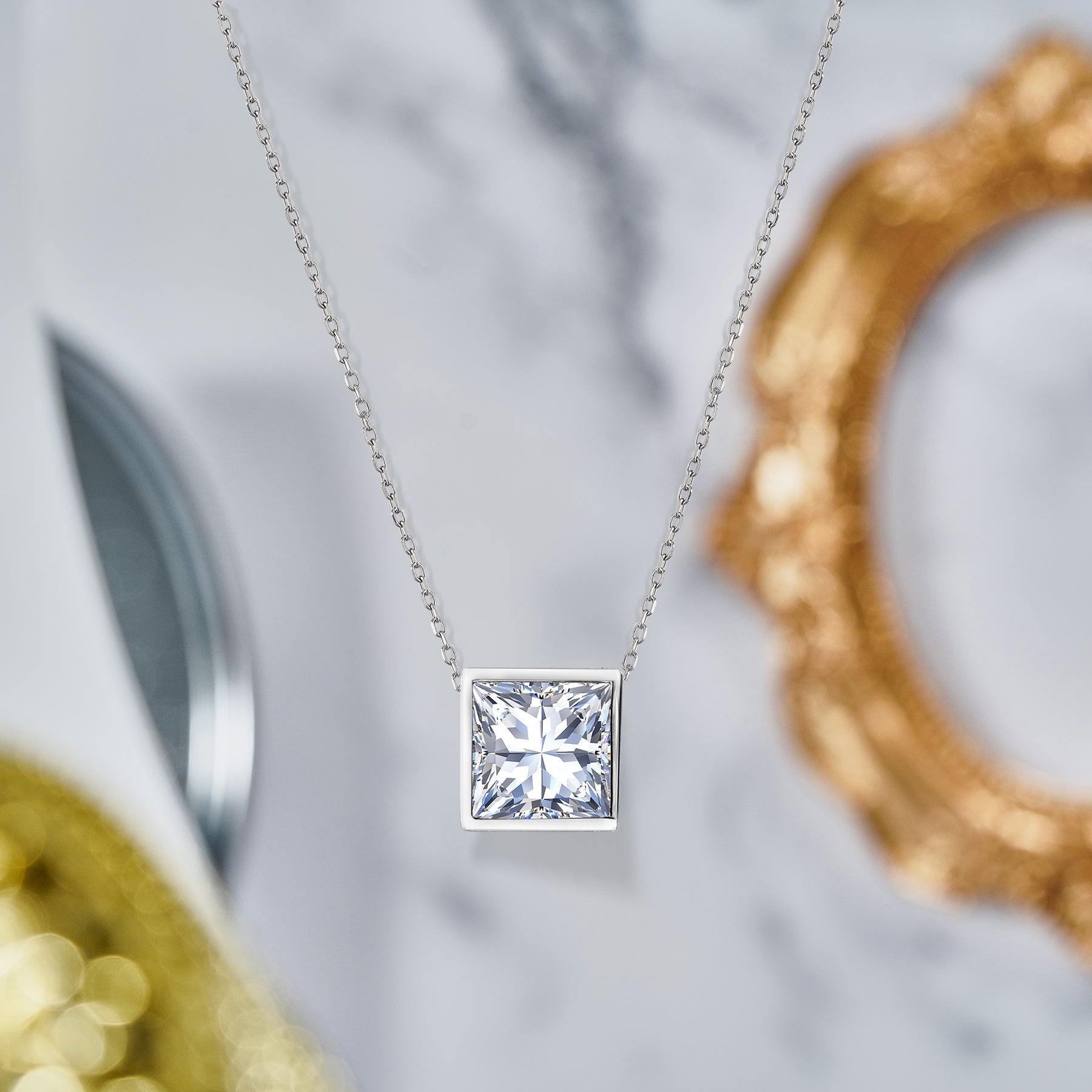 Minimalist 1 ct Princess Cut Moissanite Bezel Slider Pendant Necklace for Her in 18K White Gold over Silver