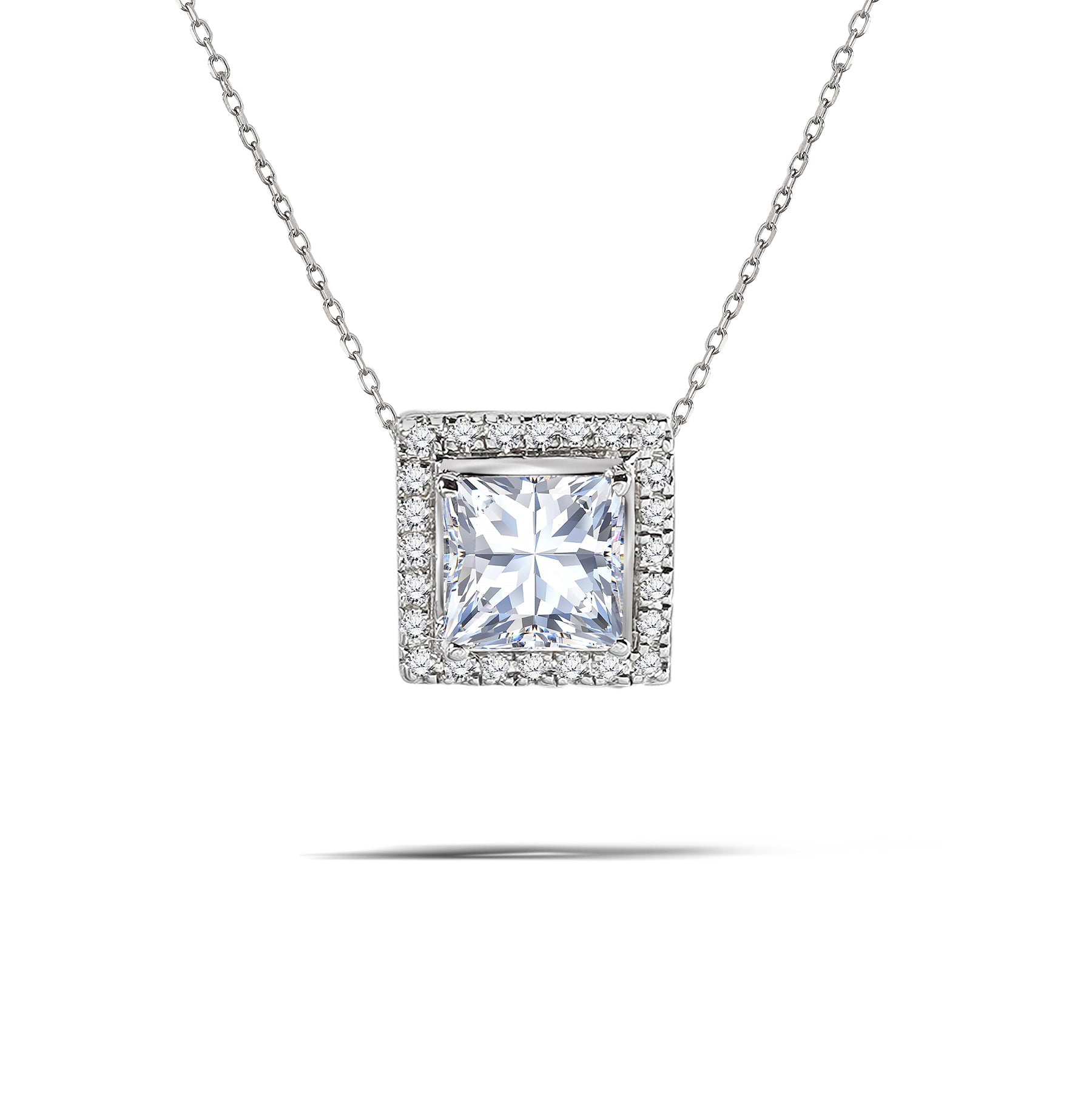 1 Carat Princess Cut Moissanite Halo Slider Pendant Necklace in 18K White Gold over Silver