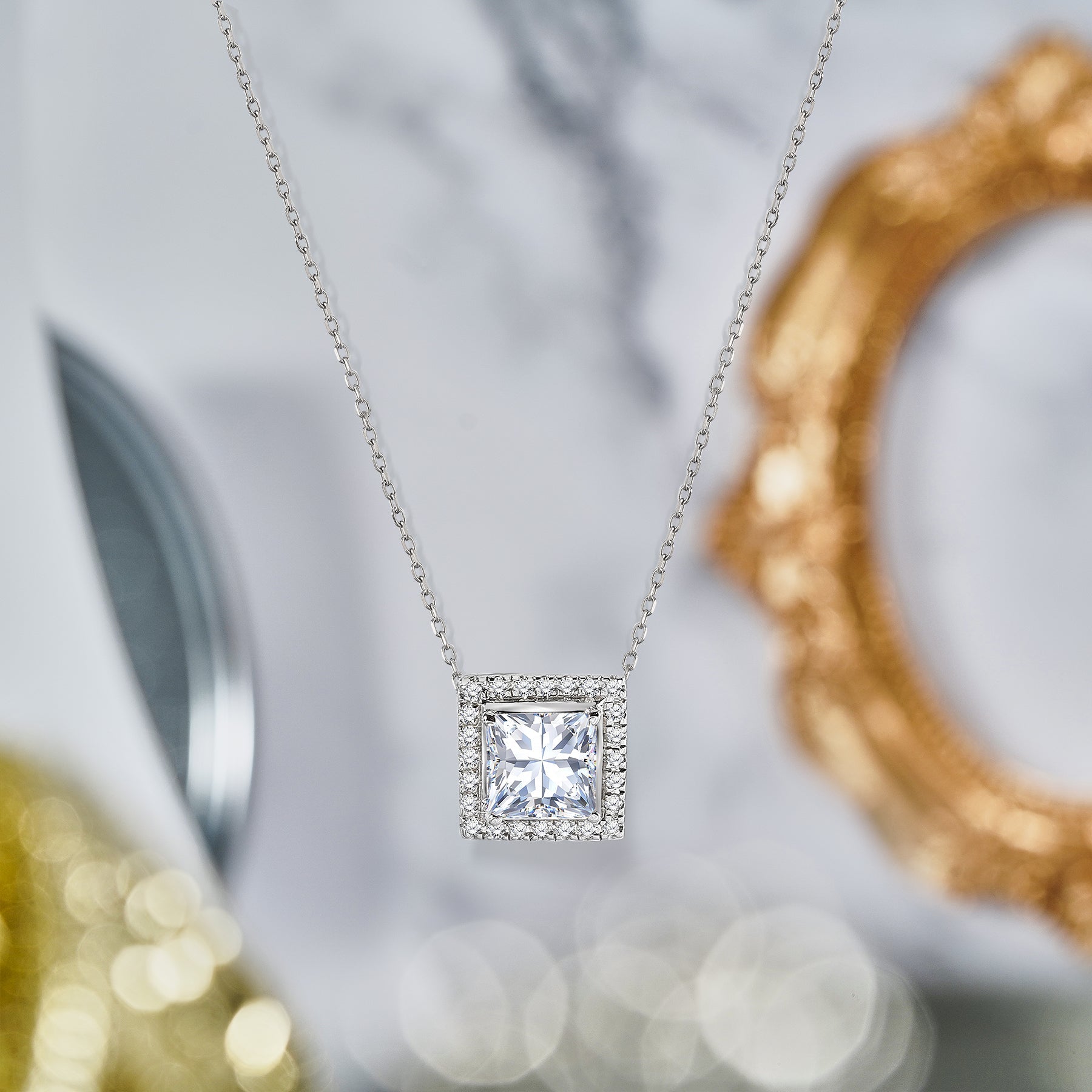 1 Carat Princess Cut Moissanite Halo Slider Pendant Necklace in 18K White Gold over Silver