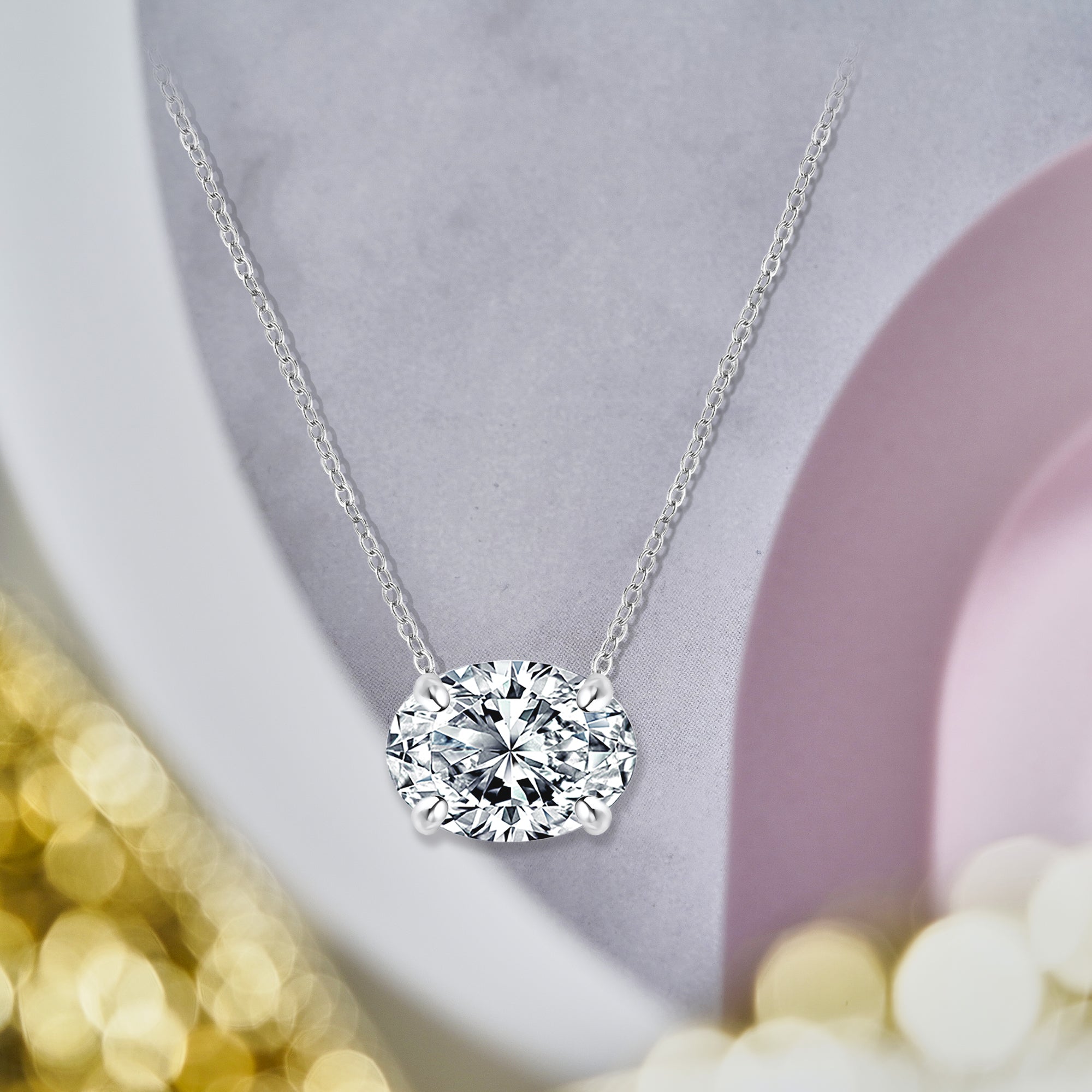 Stunning 1 TCW East West Oval Cut Moissanite - Four Prongs - Solitaire Slider Pendant Necklace in 18K White Gold over Silver