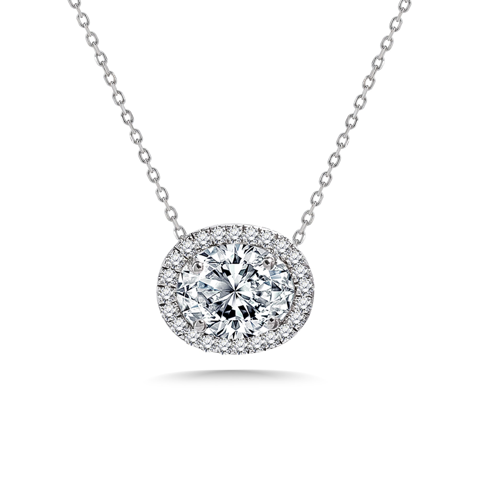 1 Carat East West Oval Cut Moissanite Floating Halo Slide Pendant Necklace in 18K White Gold over Silver