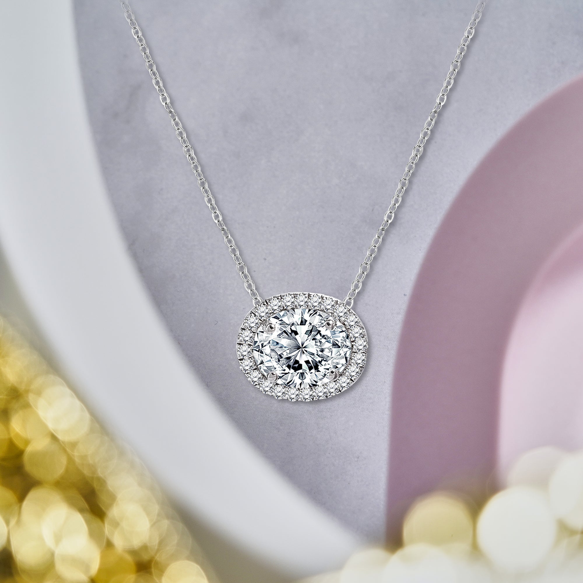 1 Carat East West Oval Cut Moissanite Floating Halo Slide Pendant Necklace in 18K White Gold over Silver