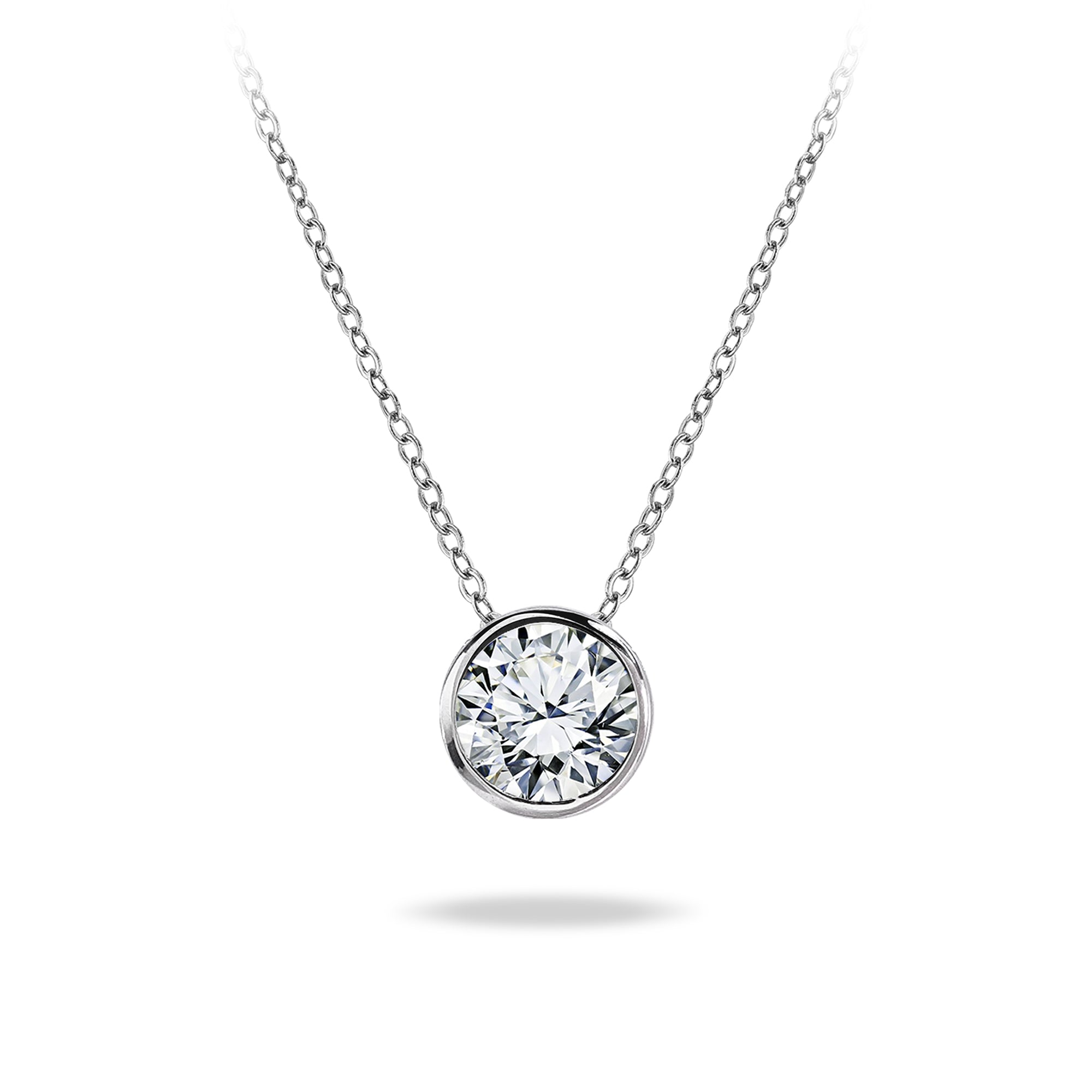 Modern 1 Carat Round Cut Moissanite Bezel Set Slider Pendant Necklace in 18K White Gold over Silver