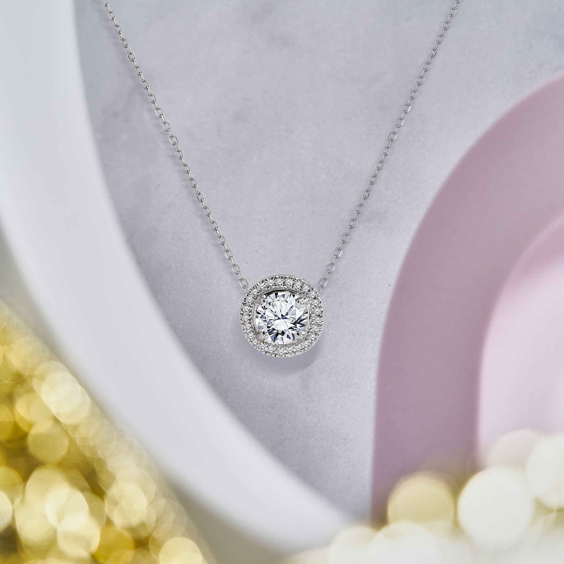 1 Carat Floating Halo Round Cut Moissanite Slider Pendant Necklace for Women in 18K White Gold over Silver