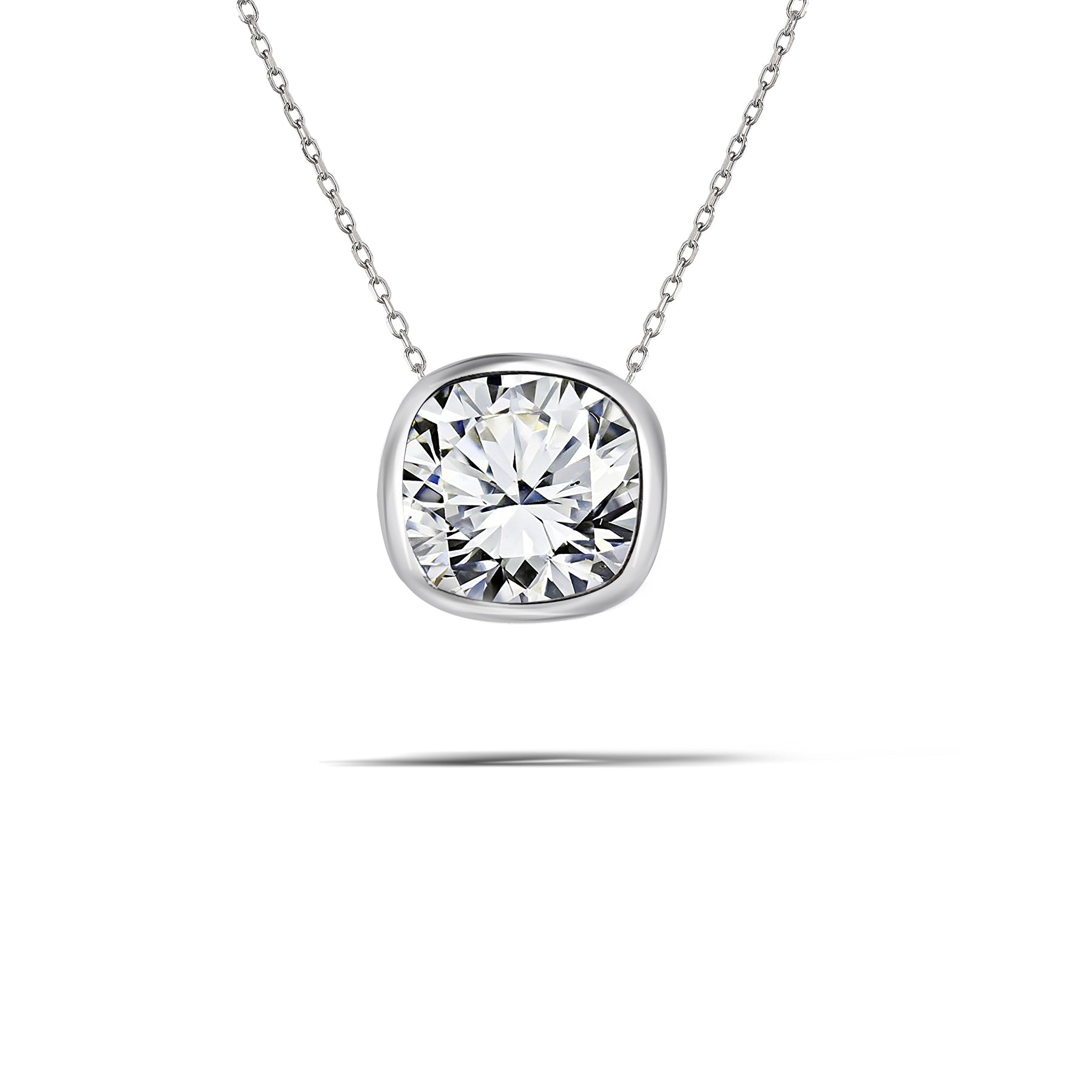 1 Carat Cushion Cut Moissanite Floating Bezel Slider Pendant Necklace in 18K White Gold over Silver