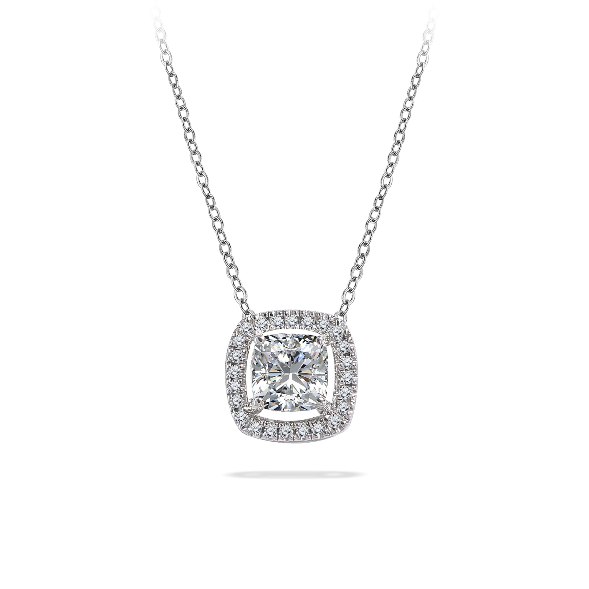 1 Carat Cushion Cut Moissanite Halo Slider Pendant Necklace for Her in 18K White Gold over Silver