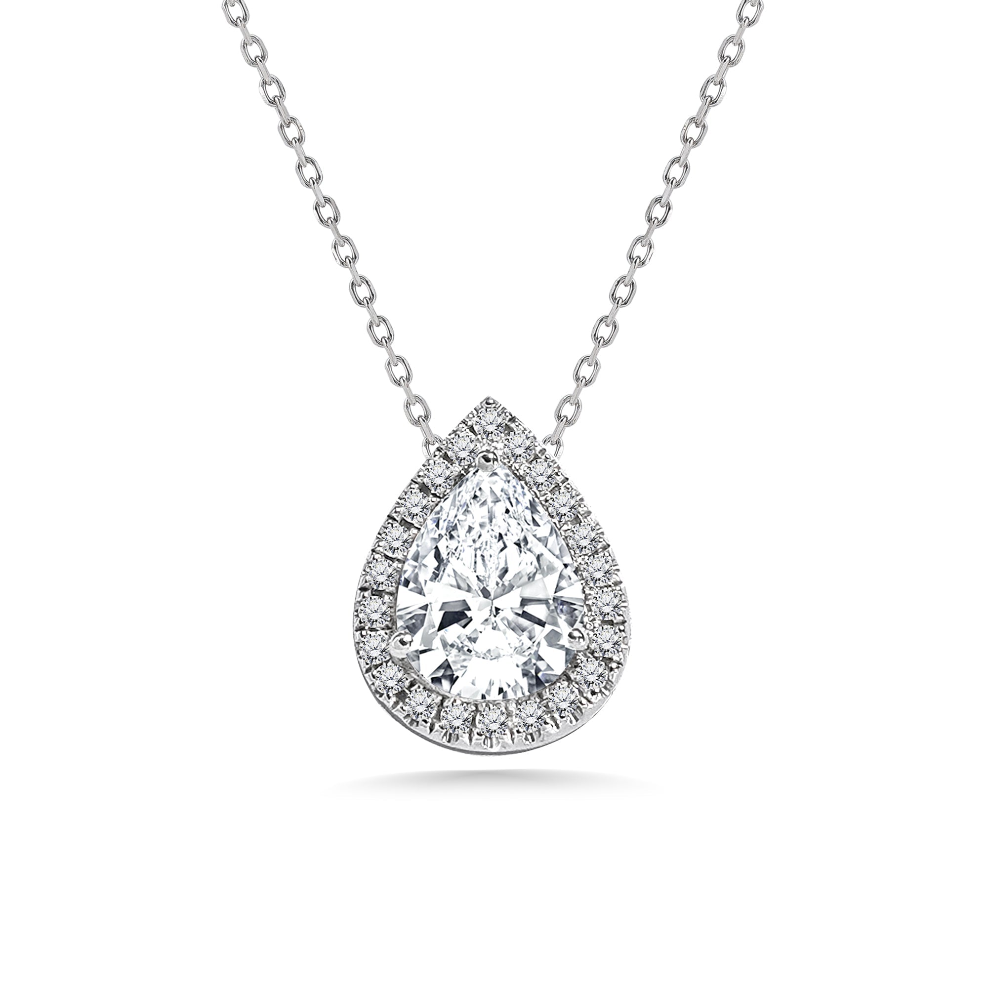 1 TCW Pear Shaped Moissanite - Halo - Slider Pendant Necklace in 18K White Gold over Silver