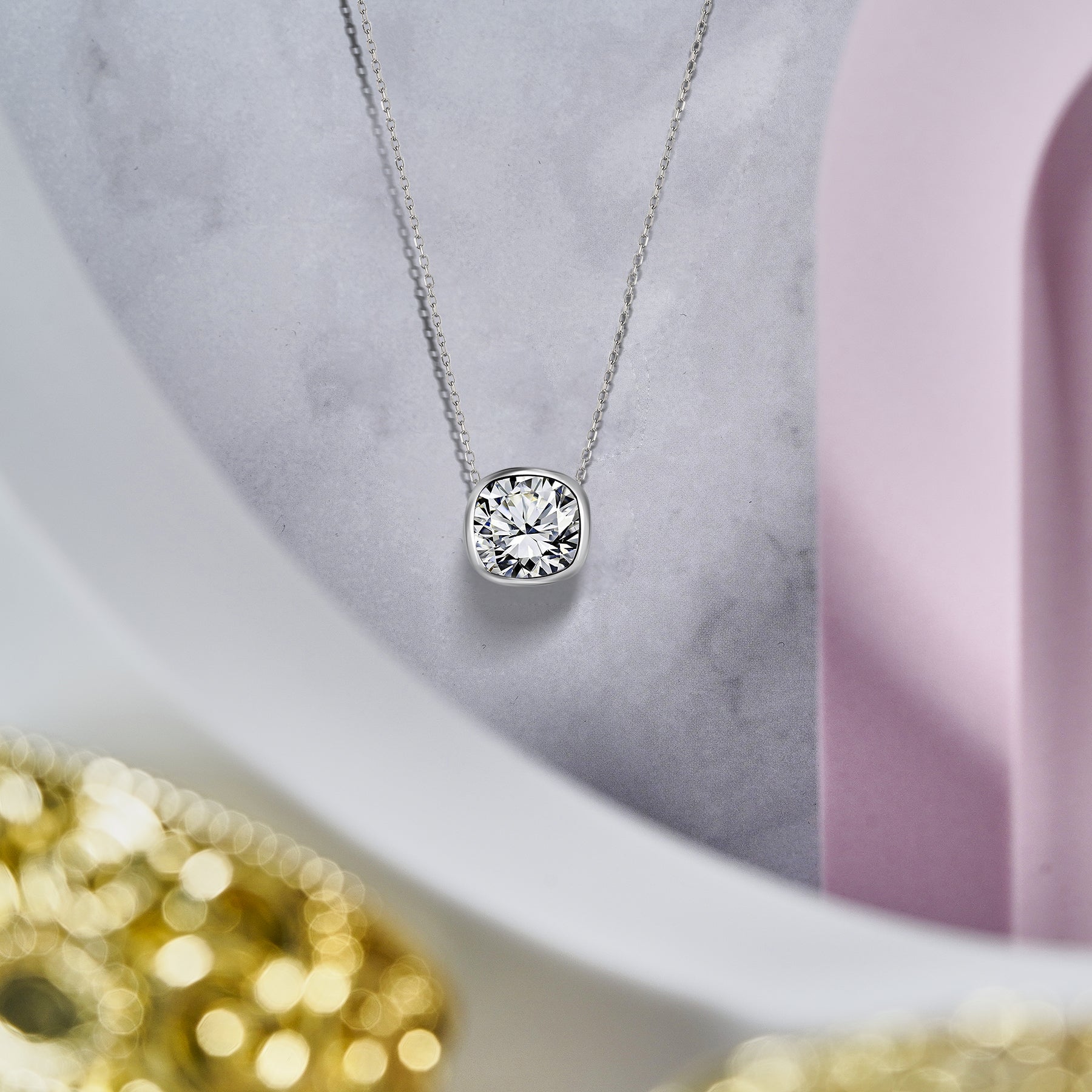 1 Carat Cushion Cut Moissanite Floating Bezel Slider Pendant Necklace in 18K White Gold over Silver