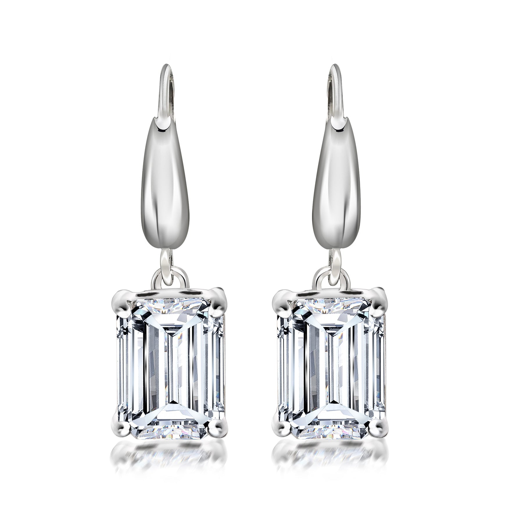 3 Carat Emerald Cut Moissanite Dangle Earrings for Women in 18K White Gold over Silver