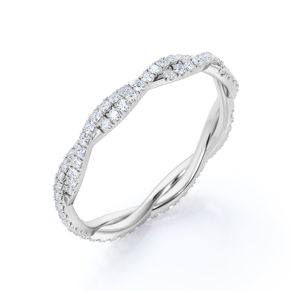 Pave Design - 0.5 Carat Cubic Zirconia Round Shape - Twisted Eternity Wedding Band - 18K White Gold Plating over Silver