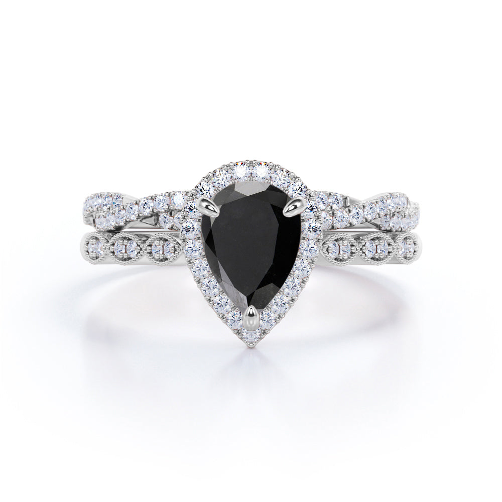 1.50 carat pear cut Black Diamond art deco wedding ring set in white gold