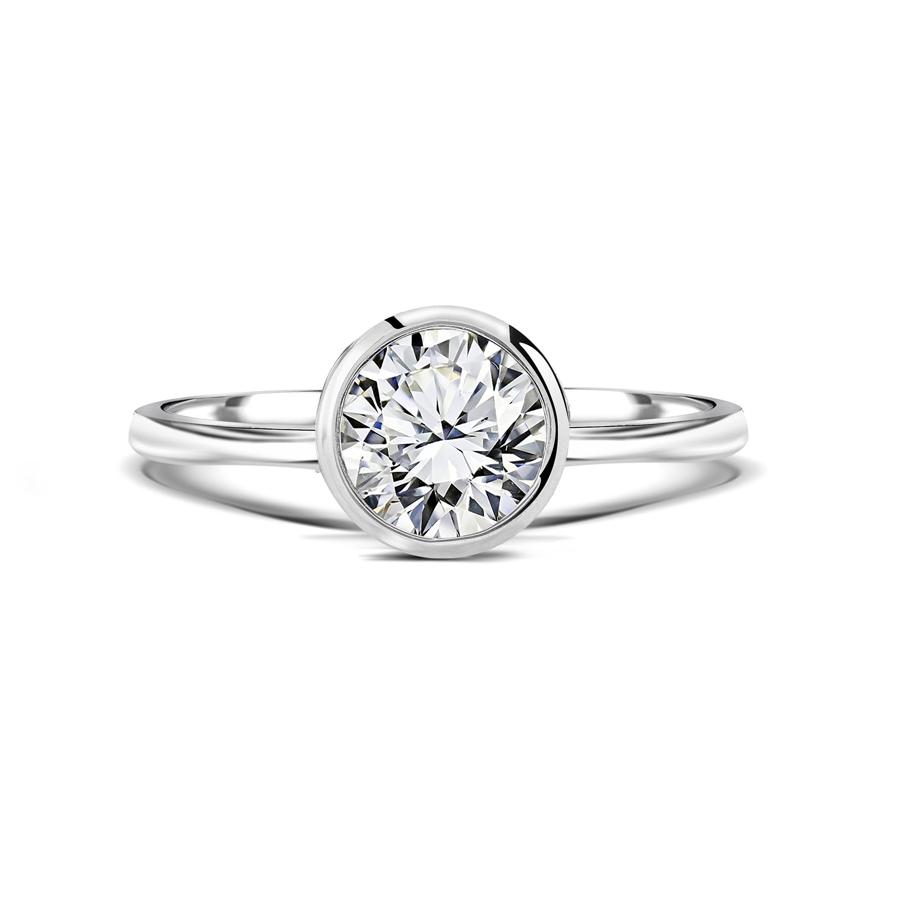 1.75 Carat Round Cut Moissanite Bezel Engagement Ring in 18K White Gold over Silver