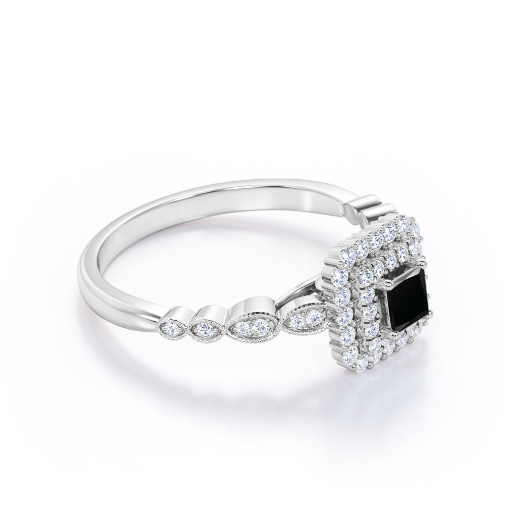 1.5 Carat Princess Cut Lab Grown Black Diamond Double Halo Cluster Engagement Ring In White Gold