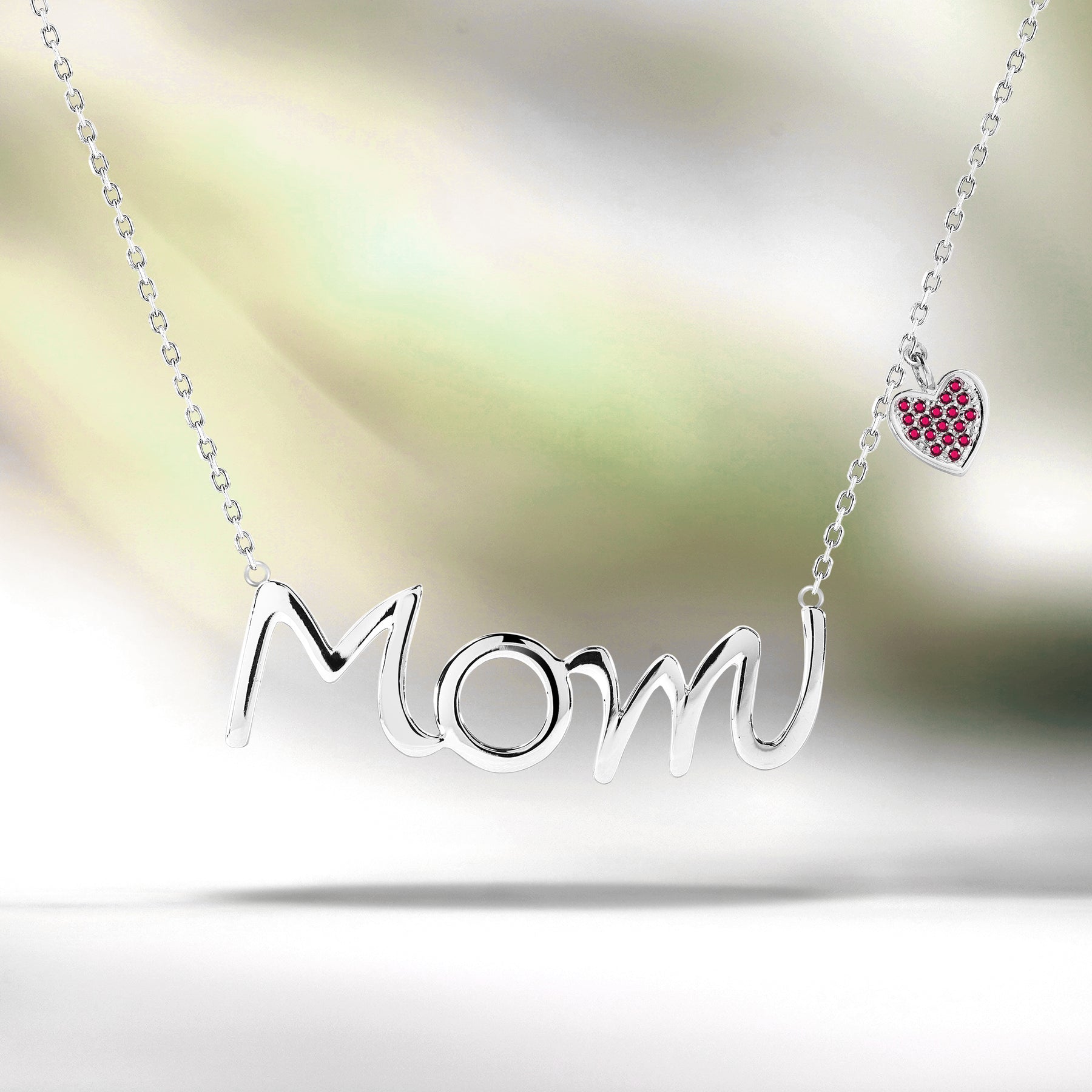 Mom Script Pendant with Red Stone Decorated Heart Charm Pendant Necklace in 18K White Gold over Silver - January Birthstone