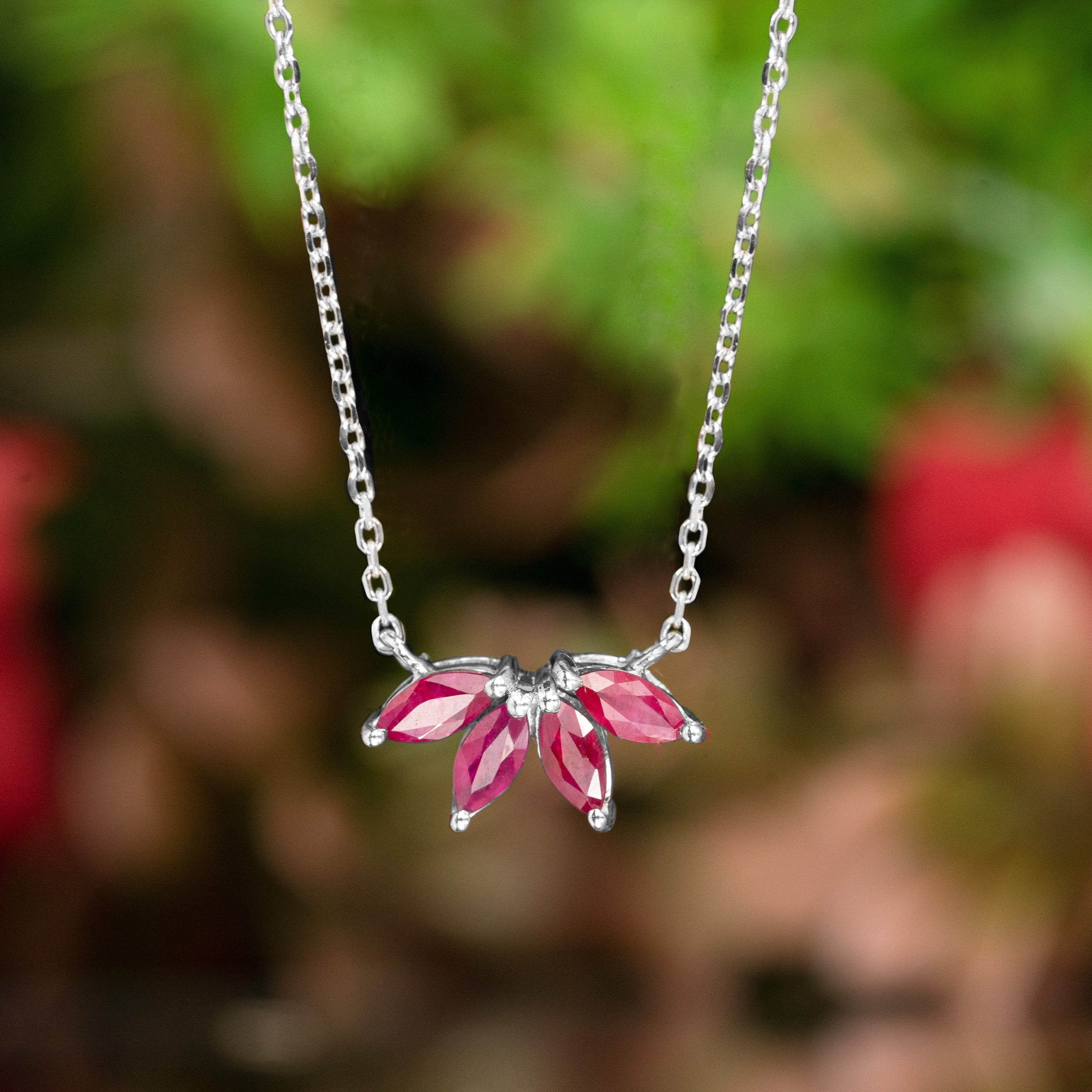 Vintage Floral Custom Birthstone Marquise Ruby Petal Pendant Necklace in 18k white gold over silver